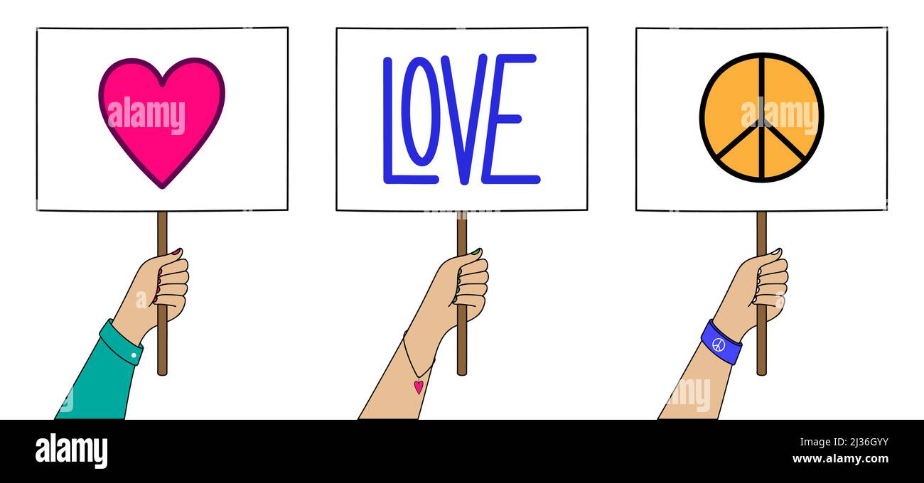 Protesters hand holding banner with heart, love, and peace sign. Vector set of protesting placards. Stock Vector