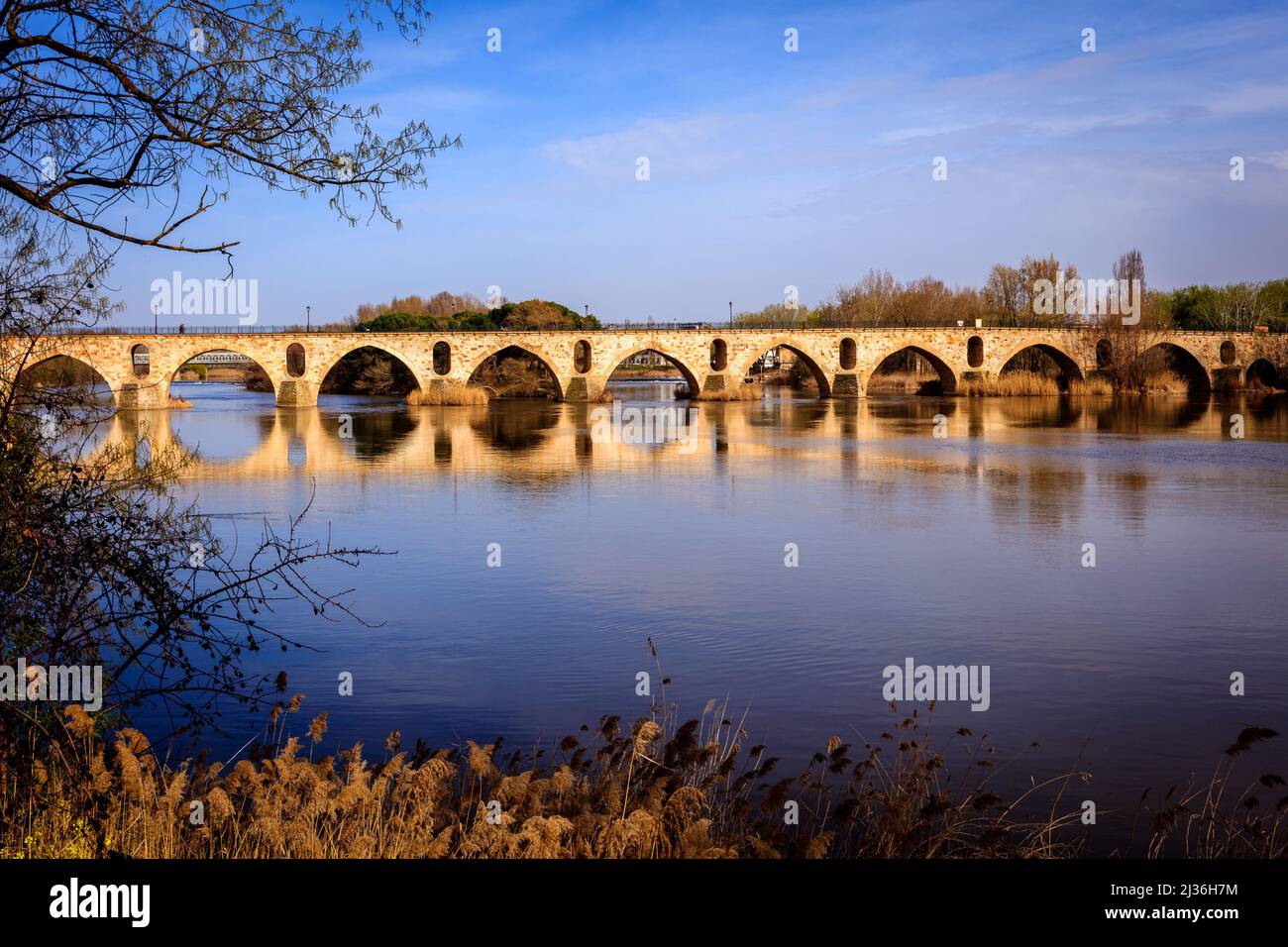 Puente de Piedra, River Bridge, in the Duero river in the Spanish town of Zamora. It is a pedestrian bridge which dates back to medieval times. Spain. Stock Photo