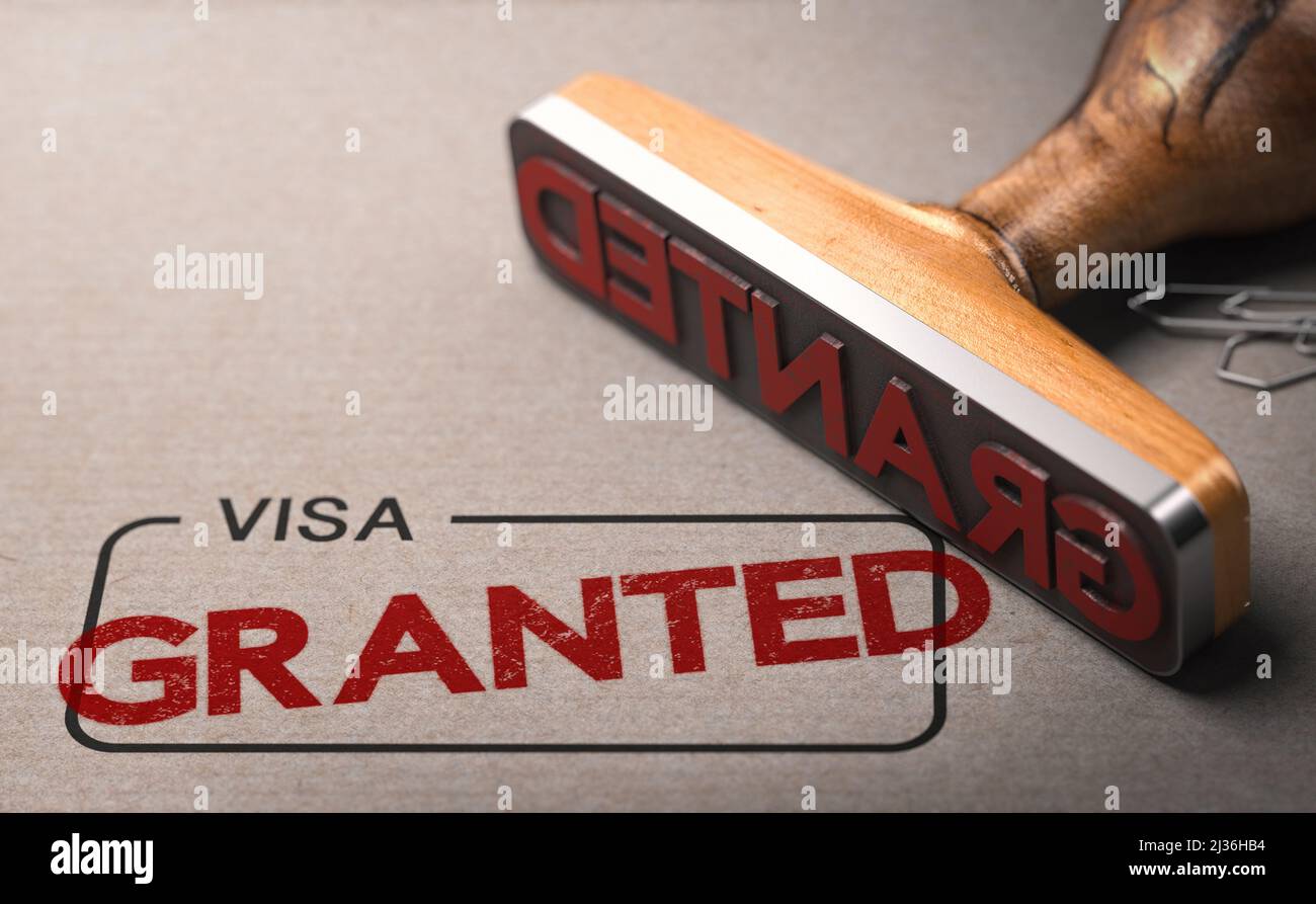 Granted printed on a rectangular box with the word visa. Immigation concept. 3d illustration. Stock Photo