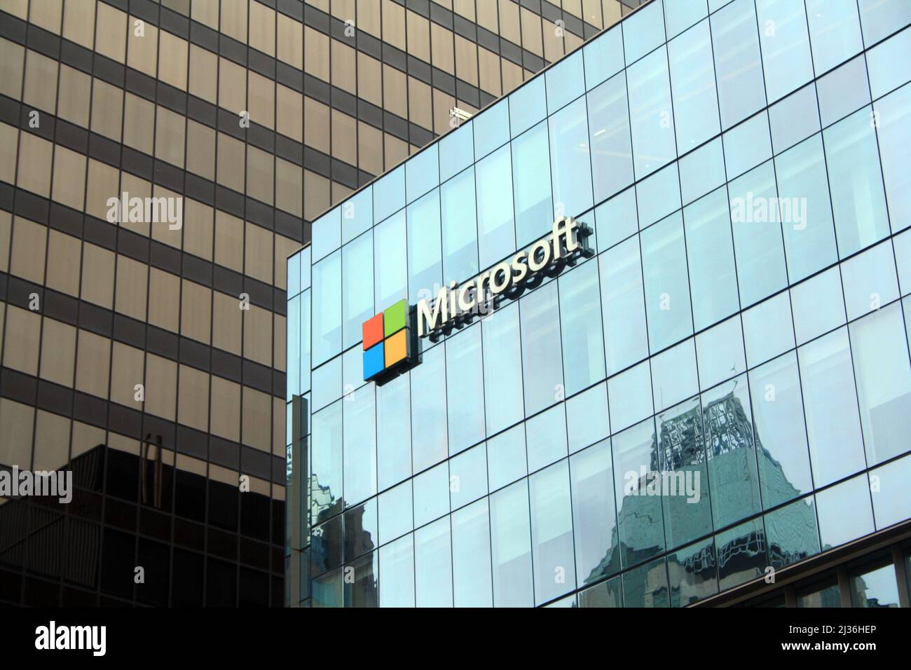 The Microsoft signage on the office building in downtown Vancouver