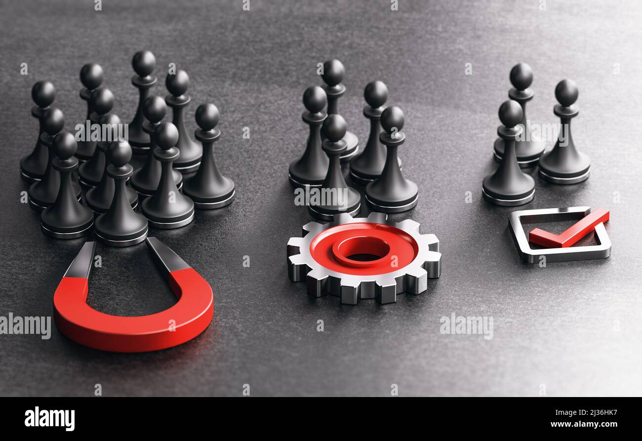 Horseshoe magnet, gear and mark with pawns over black background. Concept of inbound marketing. Attraction, engagement and conversion of new leads. 3d Stock Photo