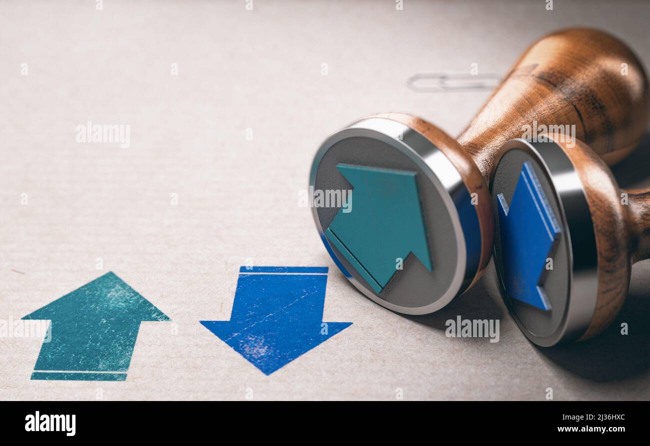 Two green and blue arrows showing up and down directions printed on kraft paper with rubber stamp. 3D illustration. Stock Photo