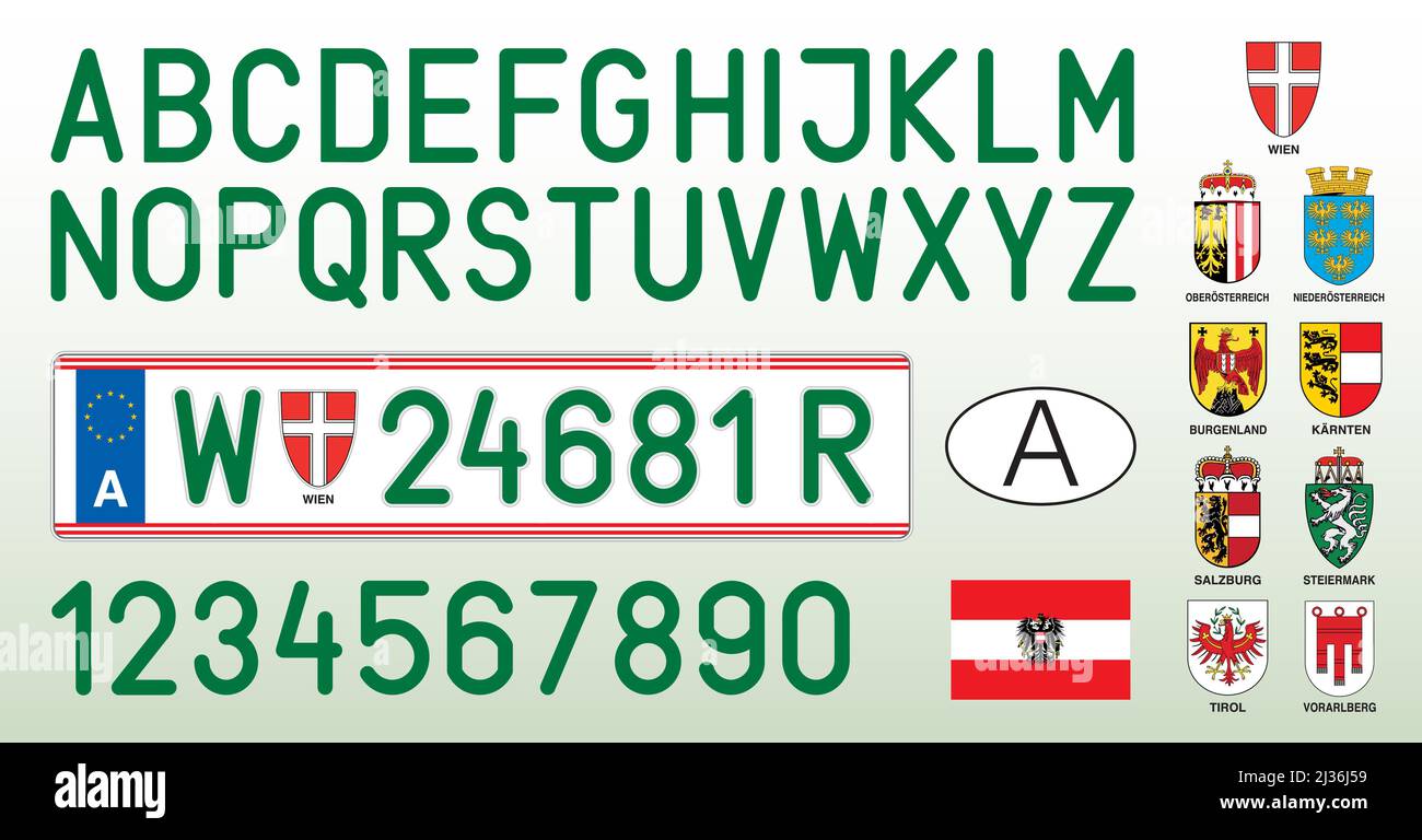 Austrian green car and electric cars license plate, letters, numbers and symbols, Austria, vector illustration Stock Vector