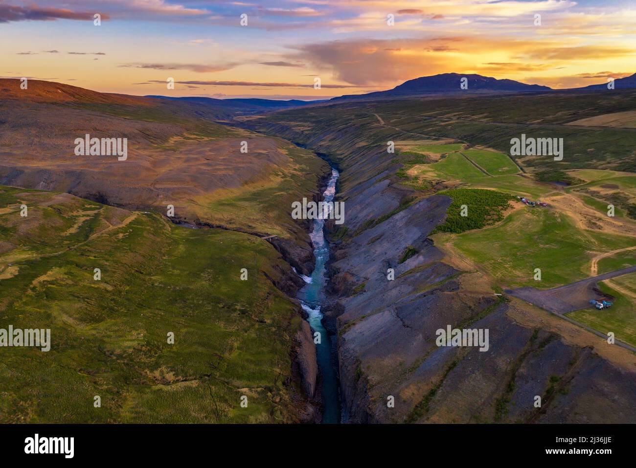 Aerial view of the Studlagil Canyon in east Iceland at sunset Stock Photo