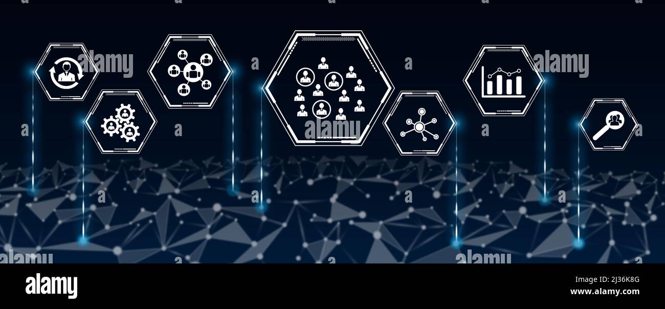 Concept of hrm with icons in hexagons connected to abstract network ...