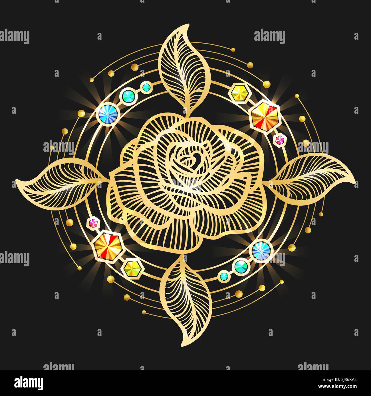 Golden Rose Flower with Gemstones Isolated on Black. Vector illustration. Stock Vector