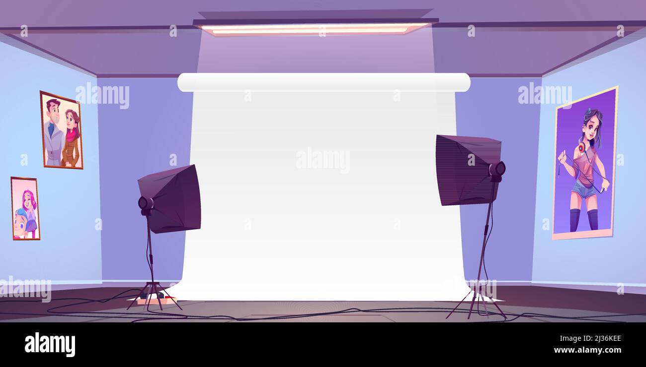 Empty photo studio interior with white backstage, professional light equipment and pictures on wall. Room with spotlights and backdrop for shooting mo Stock Vector