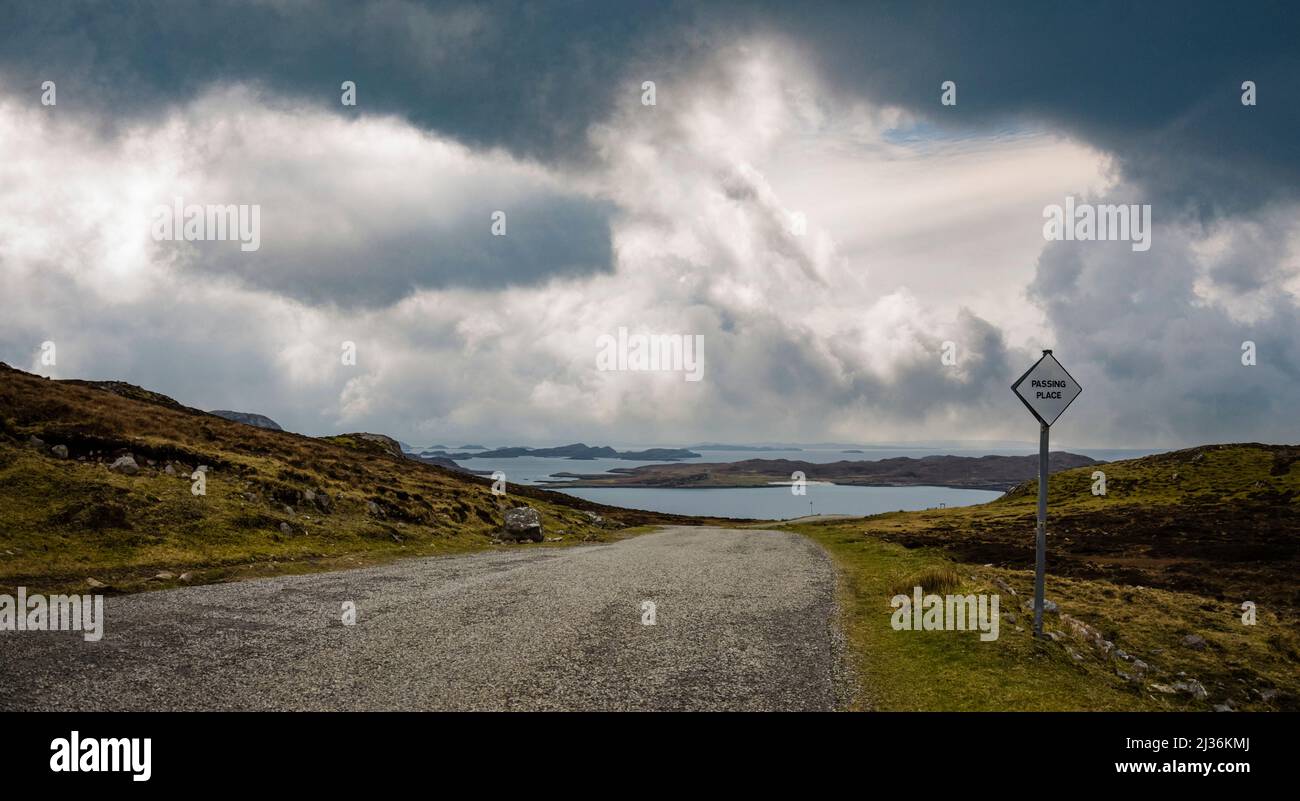 Passing place on single track road, Brae of Achnahaird, west coast of Scotland. Stock Photo