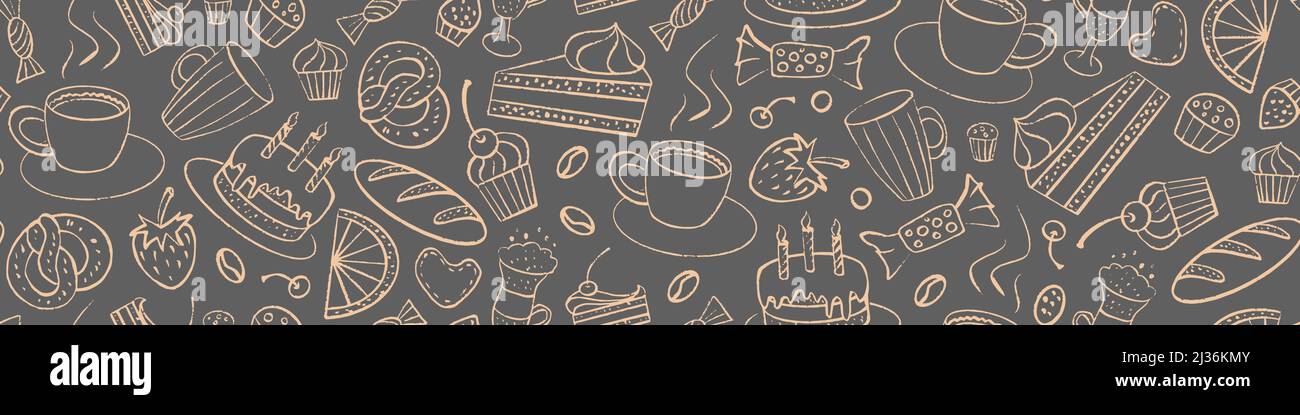 Seamless pattern with hand drawn sweet food. Grunge dessert doodles ...