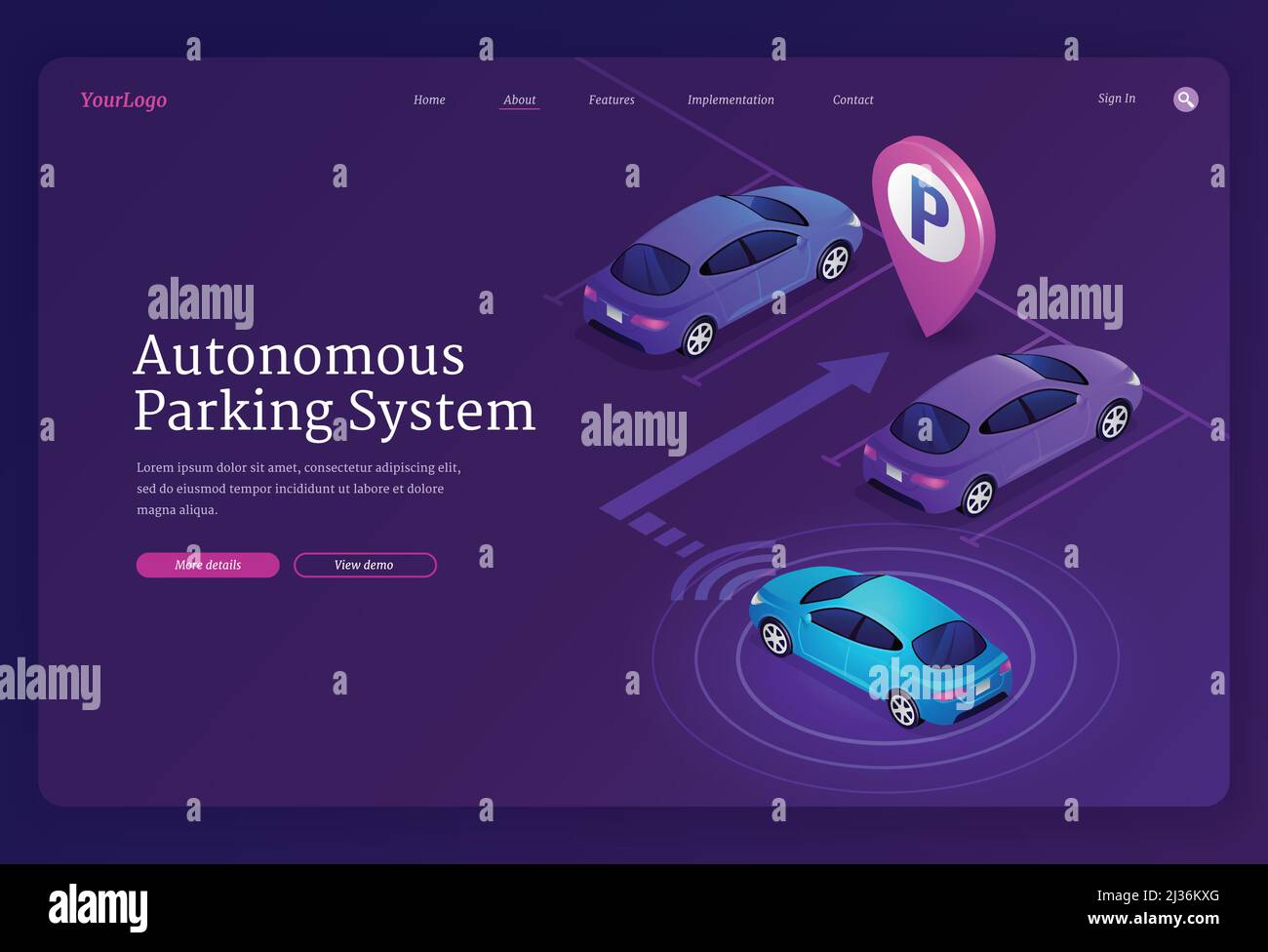 Autonomous parking system isometric landing page. Self driving smart car with scan and radar technology automatically park on vacant place, futuristic Stock Vector