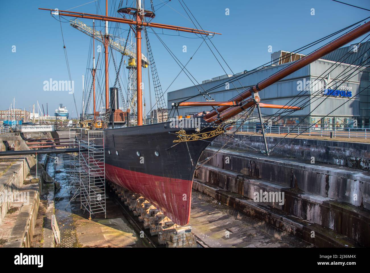 Den Helder, Netherlands, March 2022. The historic naval ship Bonaire in dry dock at former Willemsoord shipyard, Den Helder. High quality photo Stock Photo