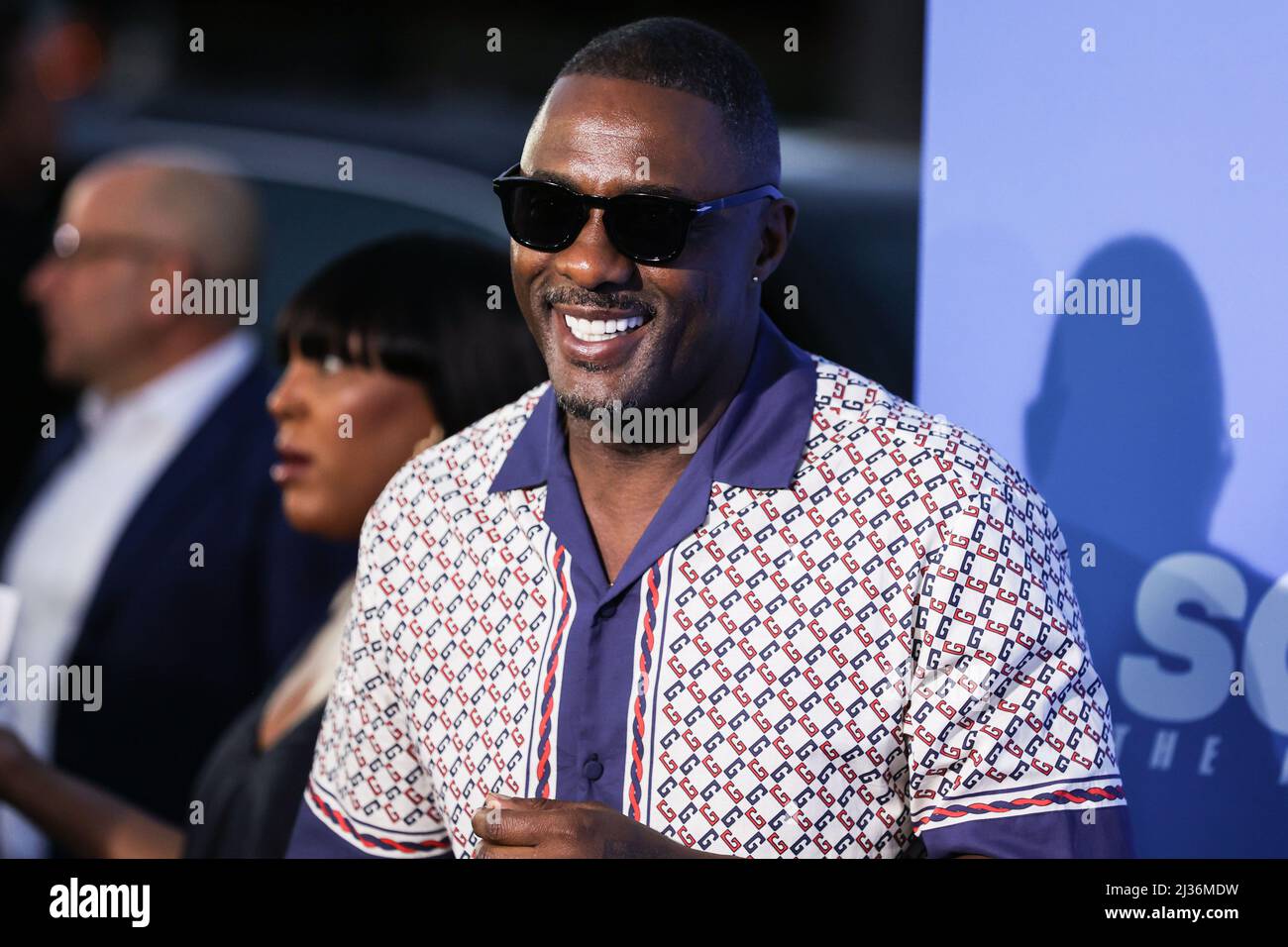 Westwood, United States. 05th Apr, 2022. WESTWOOD, LOS ANGELES, CALIFORNIA, USA - APRIL 05: English-Sierra Leonean actor Idris Elba wearing Gucci arrives at the Los Angeles Premiere Screening Of 'Sonic The Hedgehog 2' held at the Regency Village Theatre on April 5, 2022 in Westwood, Los Angeles, California, United States. (Photo by Xavier Collin/Image Press Agency) Credit: Image Press Agency/Alamy Live News Stock Photo