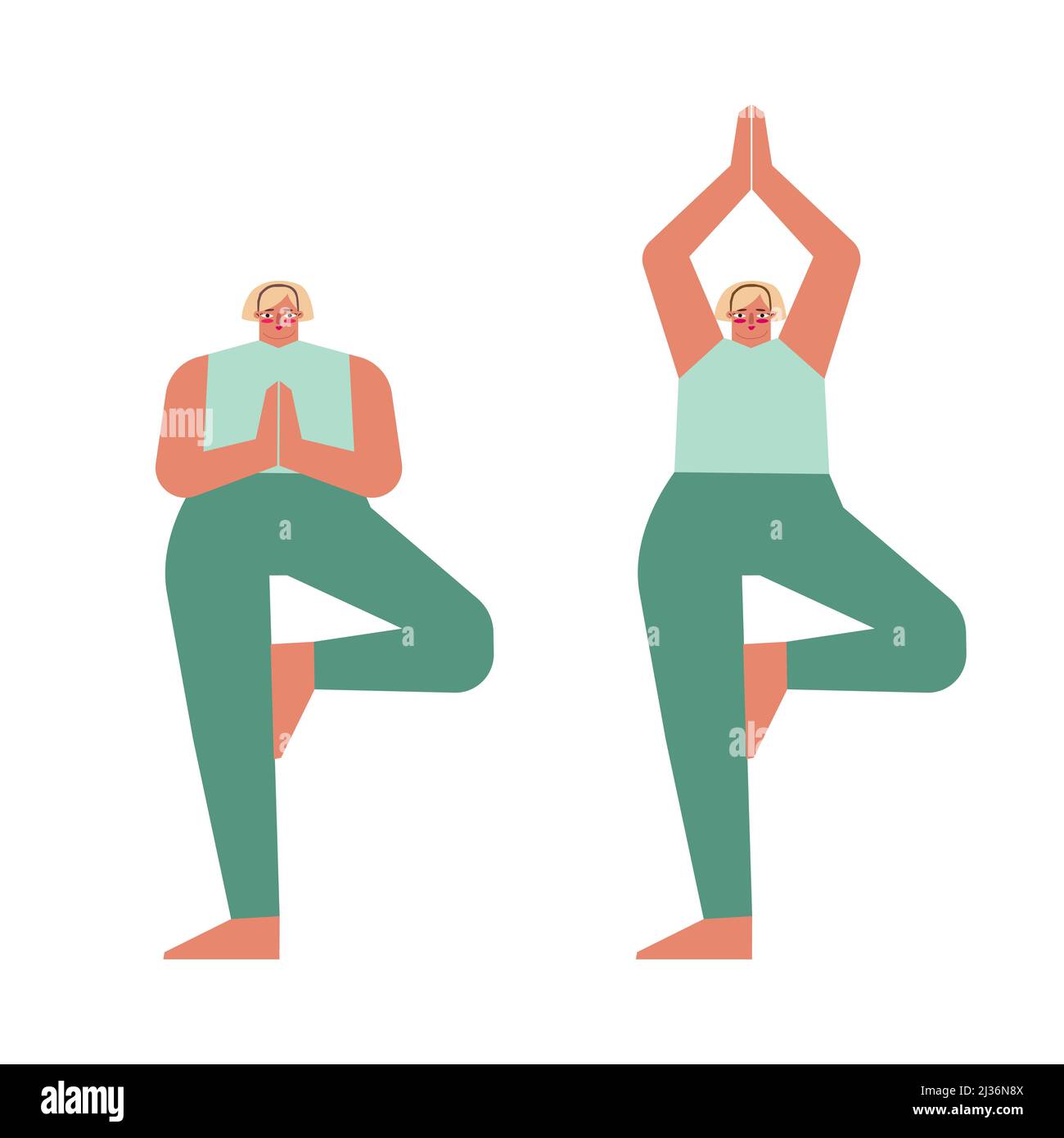 Vector isolated concept with flat female characters. Caucasian adult blonde woman learns balancing posture and does Tree Pose at yoga class. Core exer Stock Vector