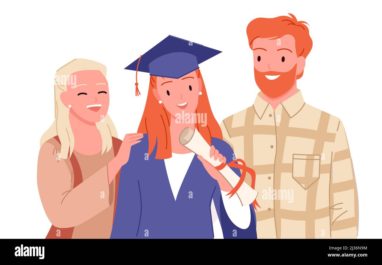 Happy graduate and family standing together, portrait of mother, father and student Stock Vector