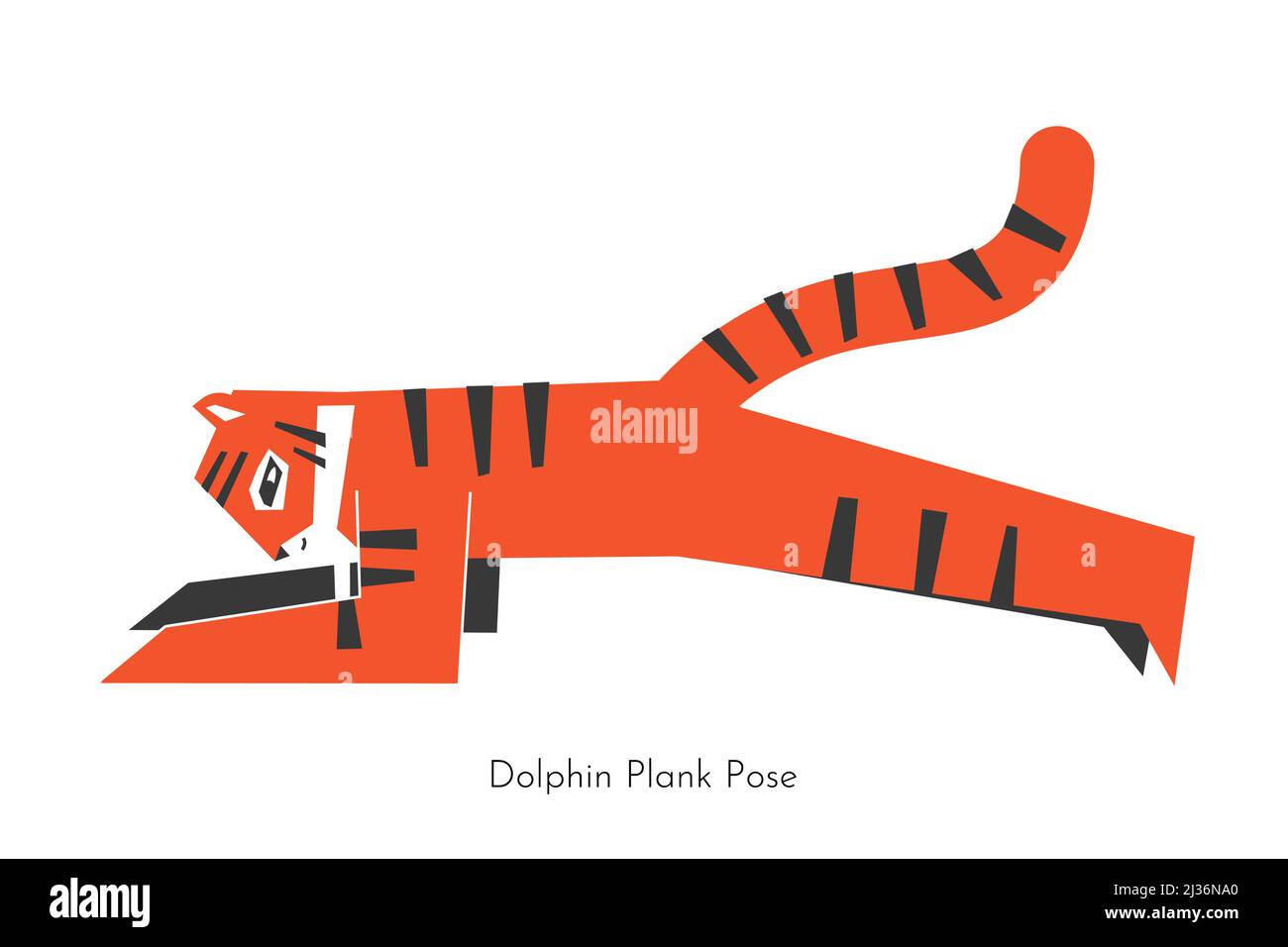 Vector isolated flat illustration with cartoon animal doing yoga practice - Forearm Plank. Asian tiger learns Dolphin Plank Pose. Simplified concept w Stock Vector