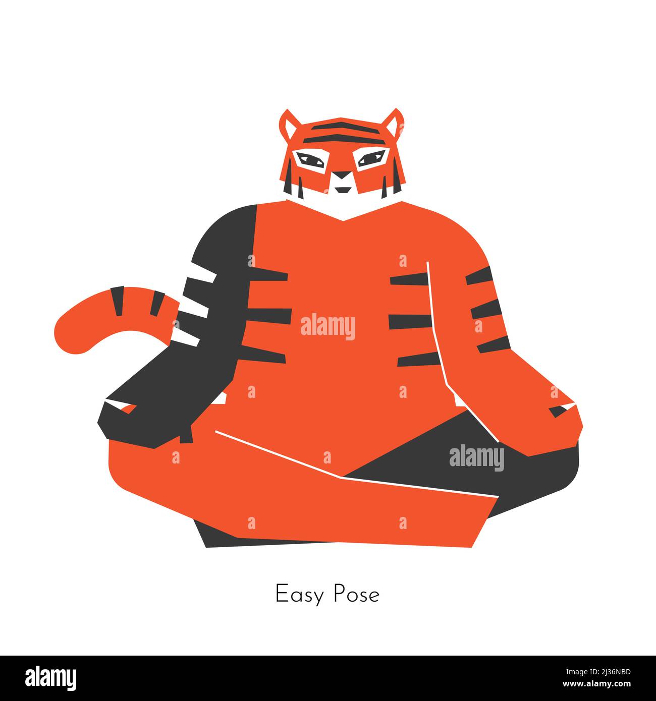 Vector isolated illustration with cartoon animal doing seated yoga practice for meditation - Sukhasana. Chinese tiger learns Easy Pose. Simplified con Stock Vector