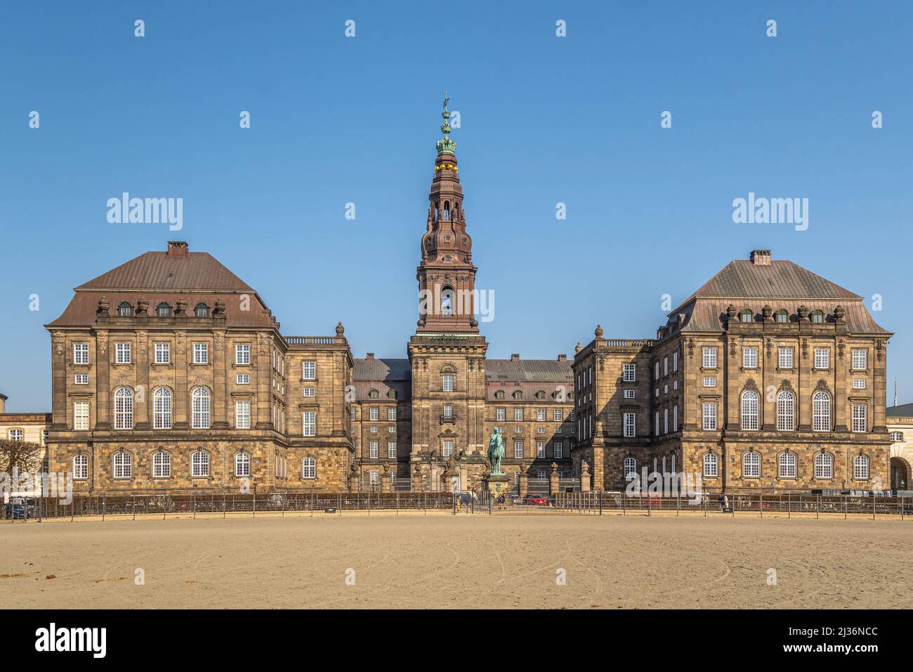 Christiansborg Palace is a royal palace in Copenhagen. Seat of the Danish Parliament, the offices of the Minister of State and the Supreme Court. Stock Photo