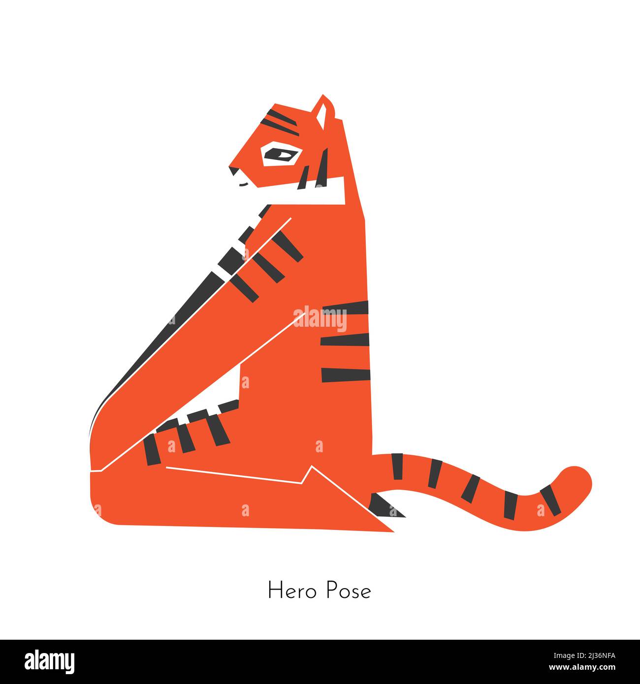 Vector isolated concept with cartoon flat animal learning yoga practice - Virasana. Korean cute tiger does Hero Pose for meditation. Simplified illust Stock Vector