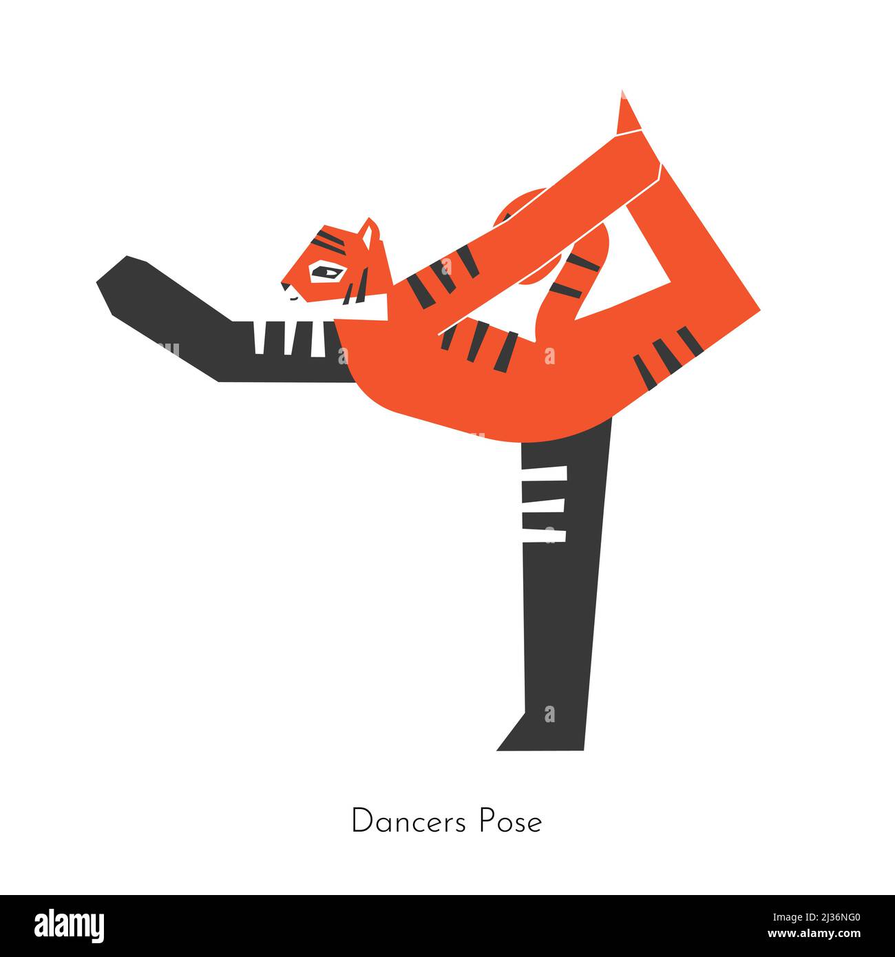 Vector isolated concept with cartoon animal learning balancing yoga practice - Natarajasana. Korean tiger does Lord of the Dance Pose. Geometric illus Stock Vector
