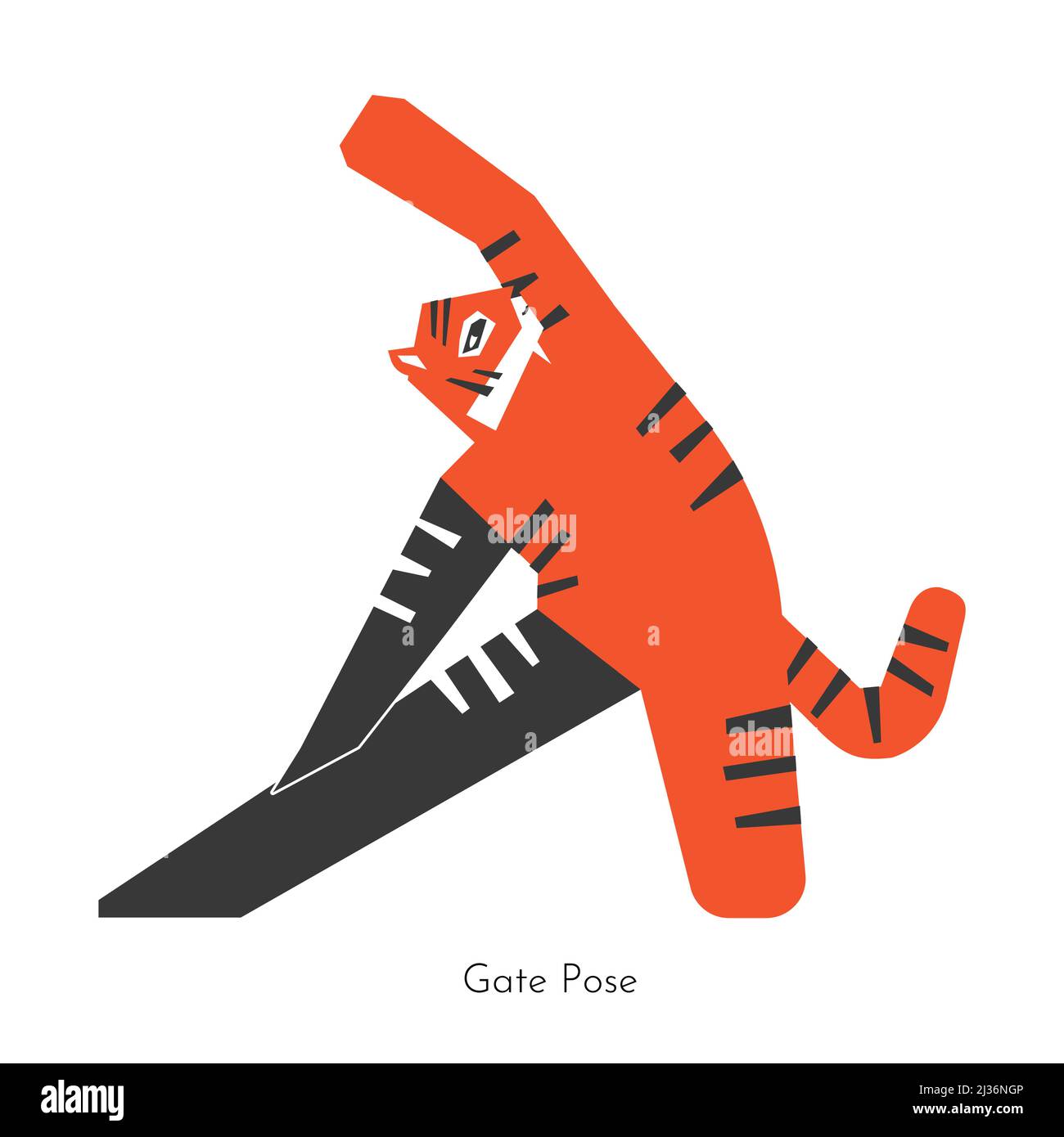 Vector isolated illustration with animal cartoon character doing yoga practice - Parighasana. Asian tiger learns Gate Pose. Geometric concept with str Stock Vector