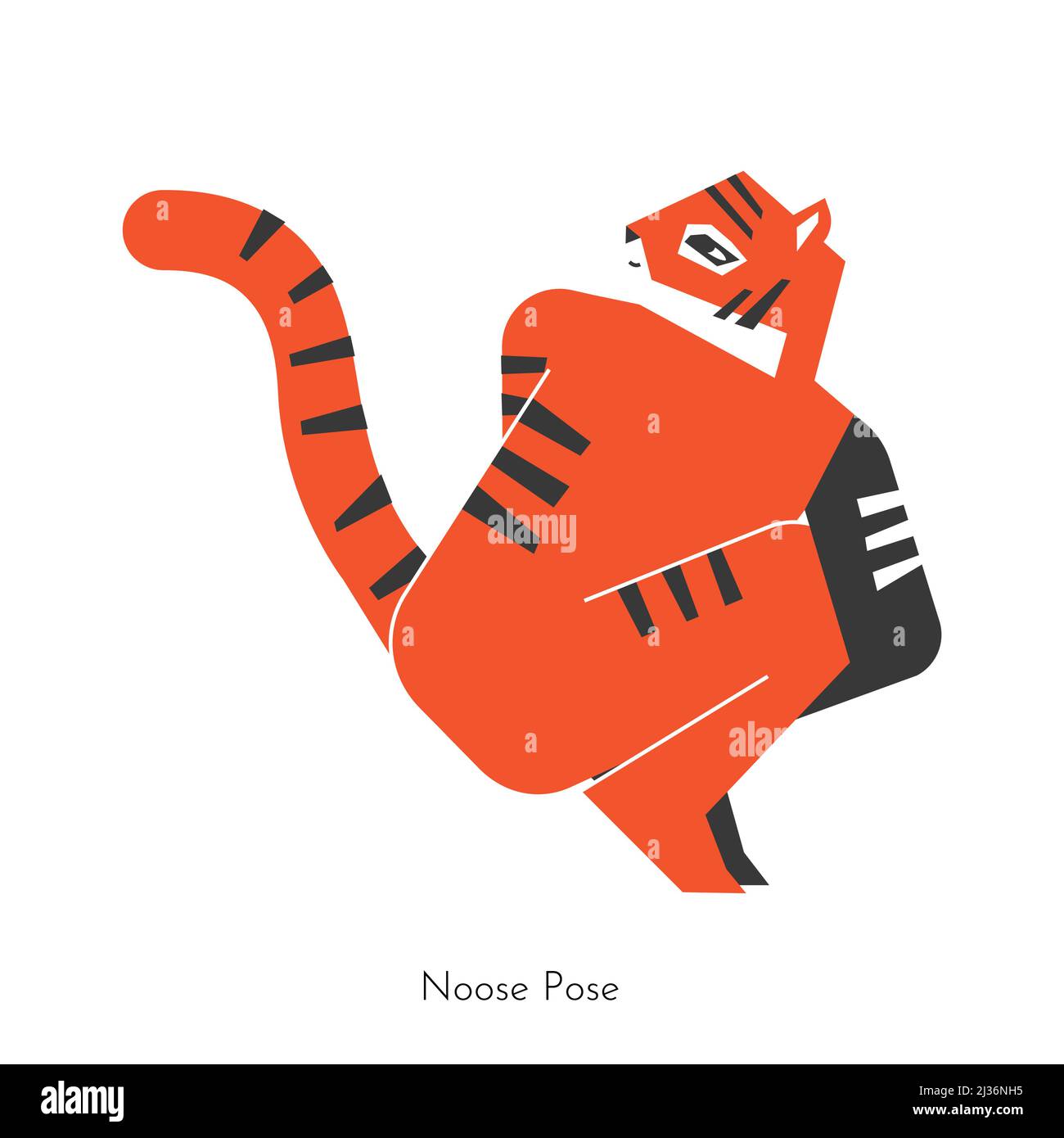 Vector isolated concept with cartoon animal character learning yoga practice - Pasasana. Korean tiger does stretching Noose Pose. Simplified flat illu Stock Vector