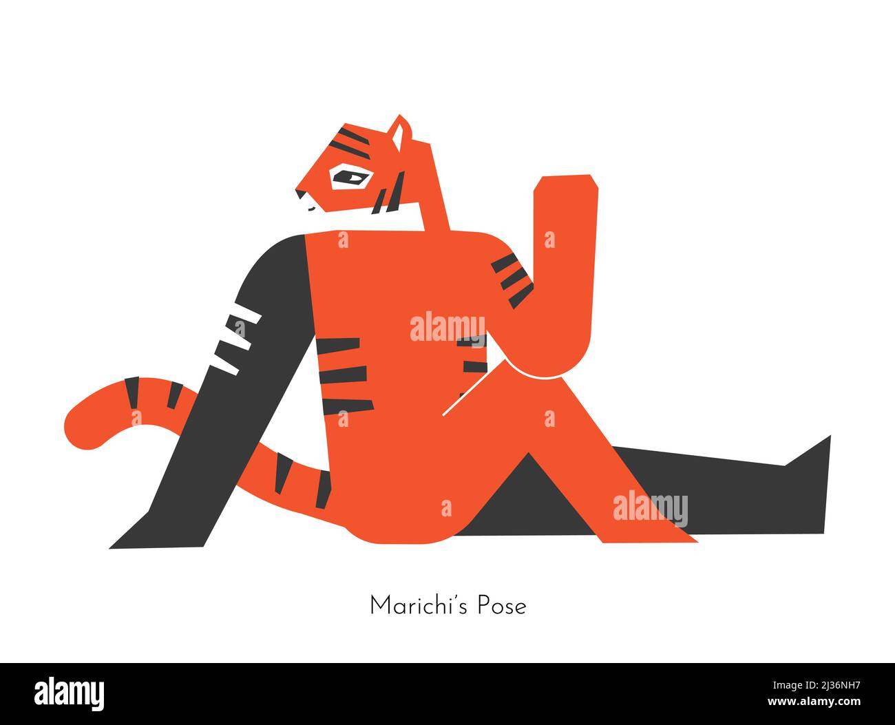 Vector isolated concept with cartoon animal character learning twist yoga practice - Marichyasana III. Chinese tiger does seated Marichi’s Pose. Simpl Stock Vector