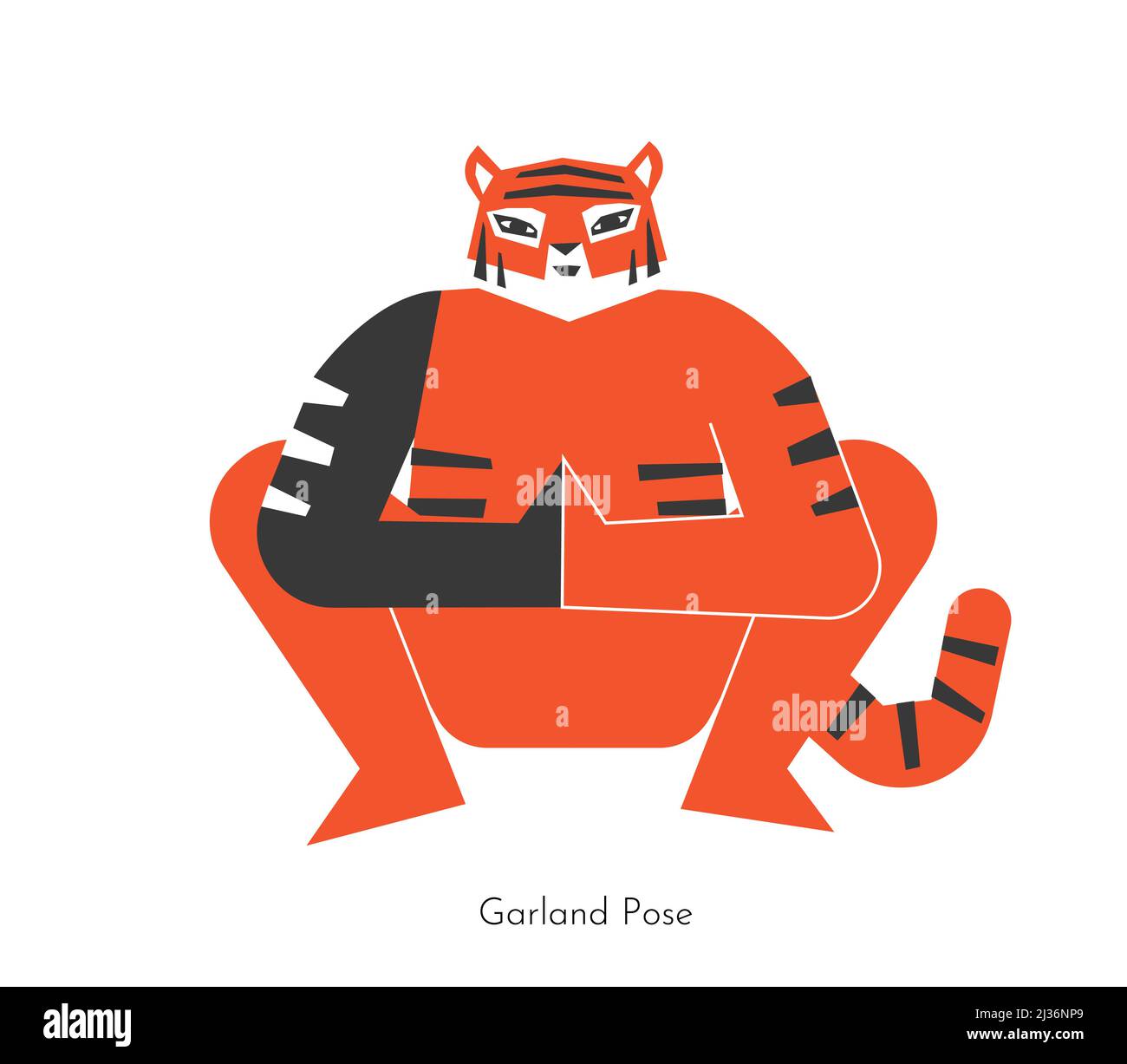 Vector isolated illustration with animal character doing yoga practice - Malasana. Chinese tiger learns Garland Pose. Simplified concept with balancin Stock Vector