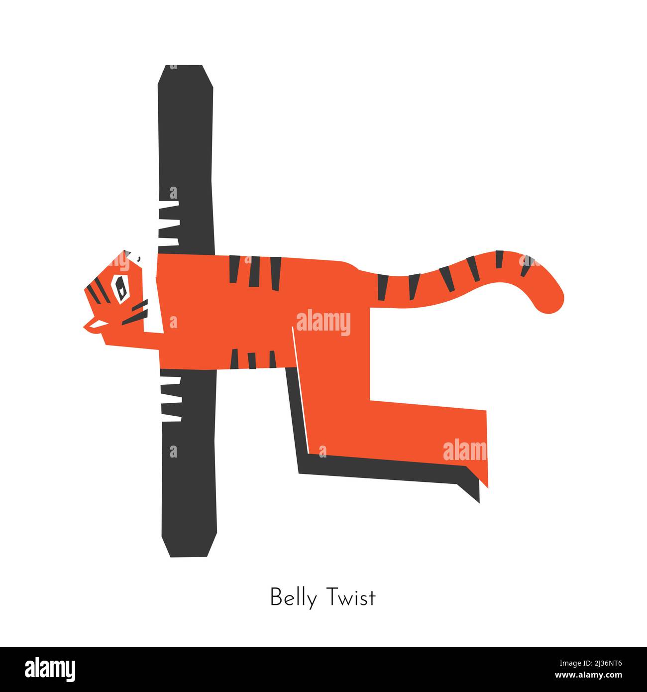 Vector isolated concept with animal character learning yoga practice - Belly twist. Bengal tiger does core asana - Jathara Parivartanasana. Flat illus Stock Vector