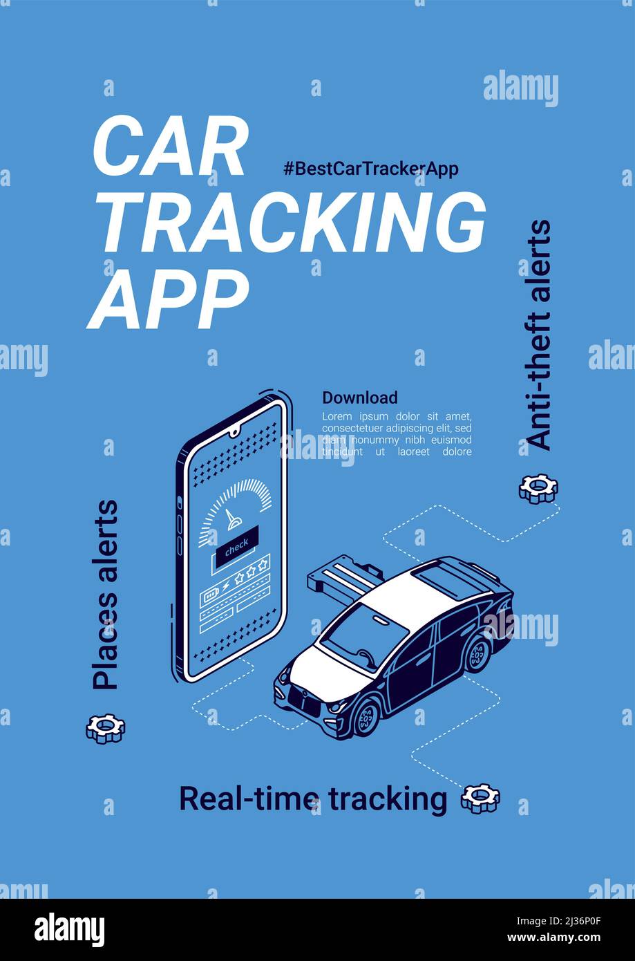 Car tracker app banner. Online gps geolocation service for vehicle with anti -theft and places alerts on mobile phone. Vector poster with isometric ill  Stock Vector Image & Art - Alamy