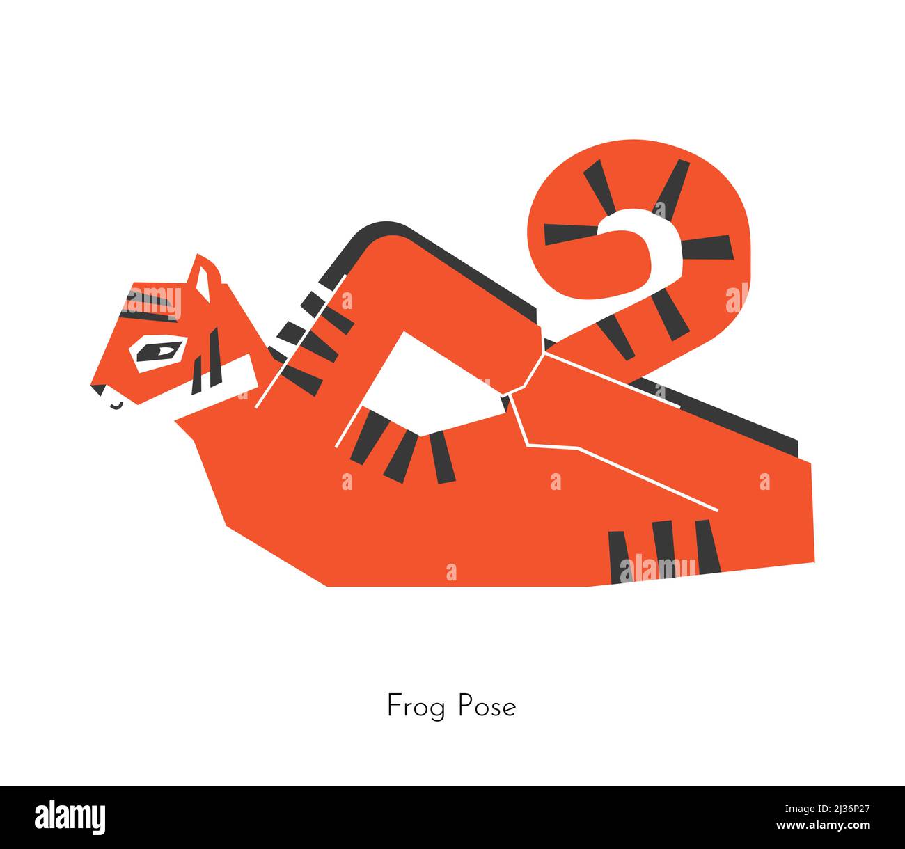 Vector isolated concept with cartoon animal character learning reclining yoga practice - Frog posture. Bengal tiger does core asana - Bhekasana. Flat Stock Vector