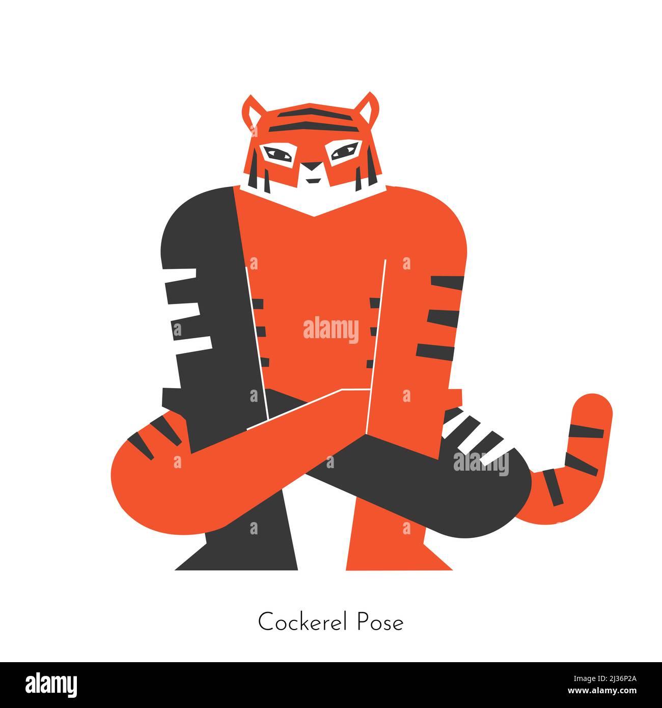Vector isolated concept with animal character learning arm-balancing yoga practice - Cockerel Pose. Bengal tiger does core asana - Kukkutasana. Flat i Stock Vector
