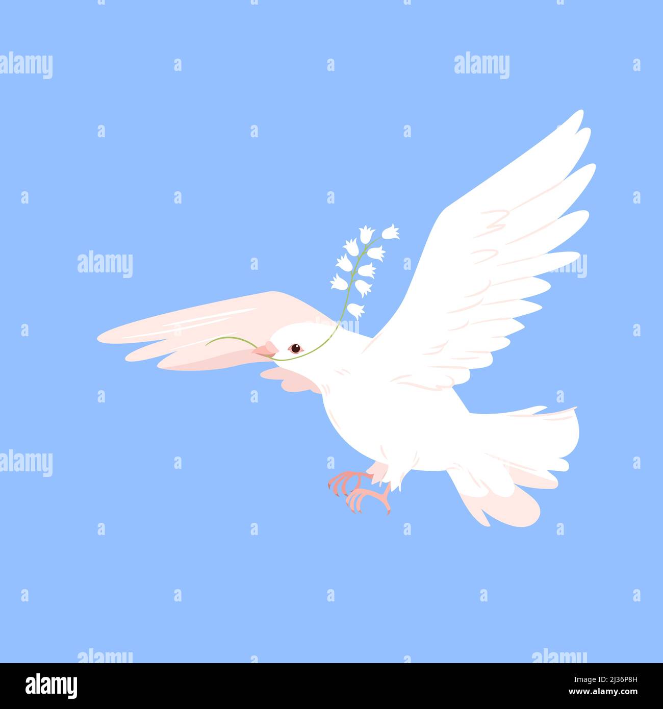 White pigeon flying with twig, world symbol of hope and peace, dove holding branch Stock Vector