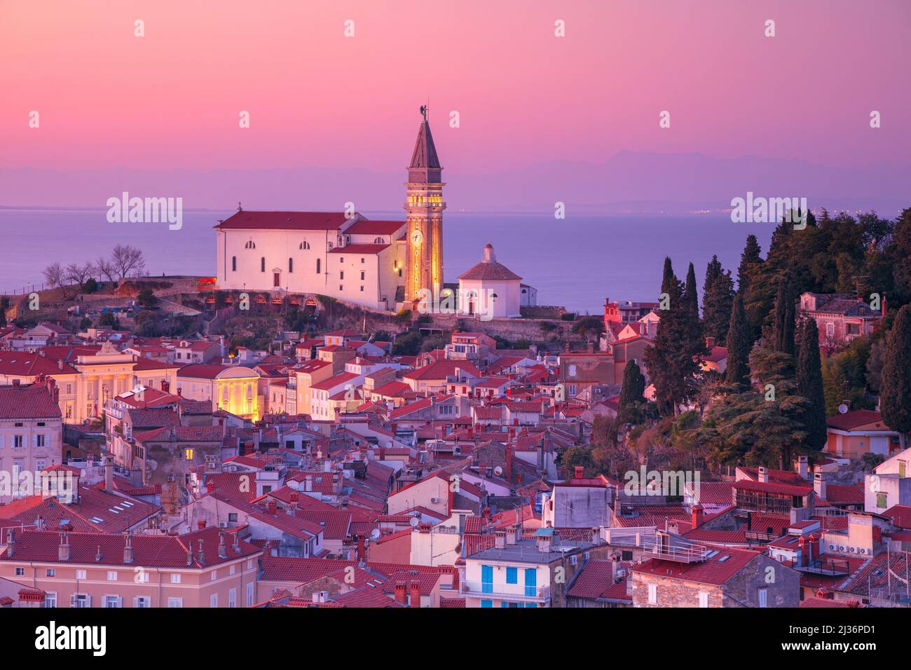 Piran, Slovenia. Aerial cityscape image of beautiful Piran, Slovenia at spring sunset. Stock Photo