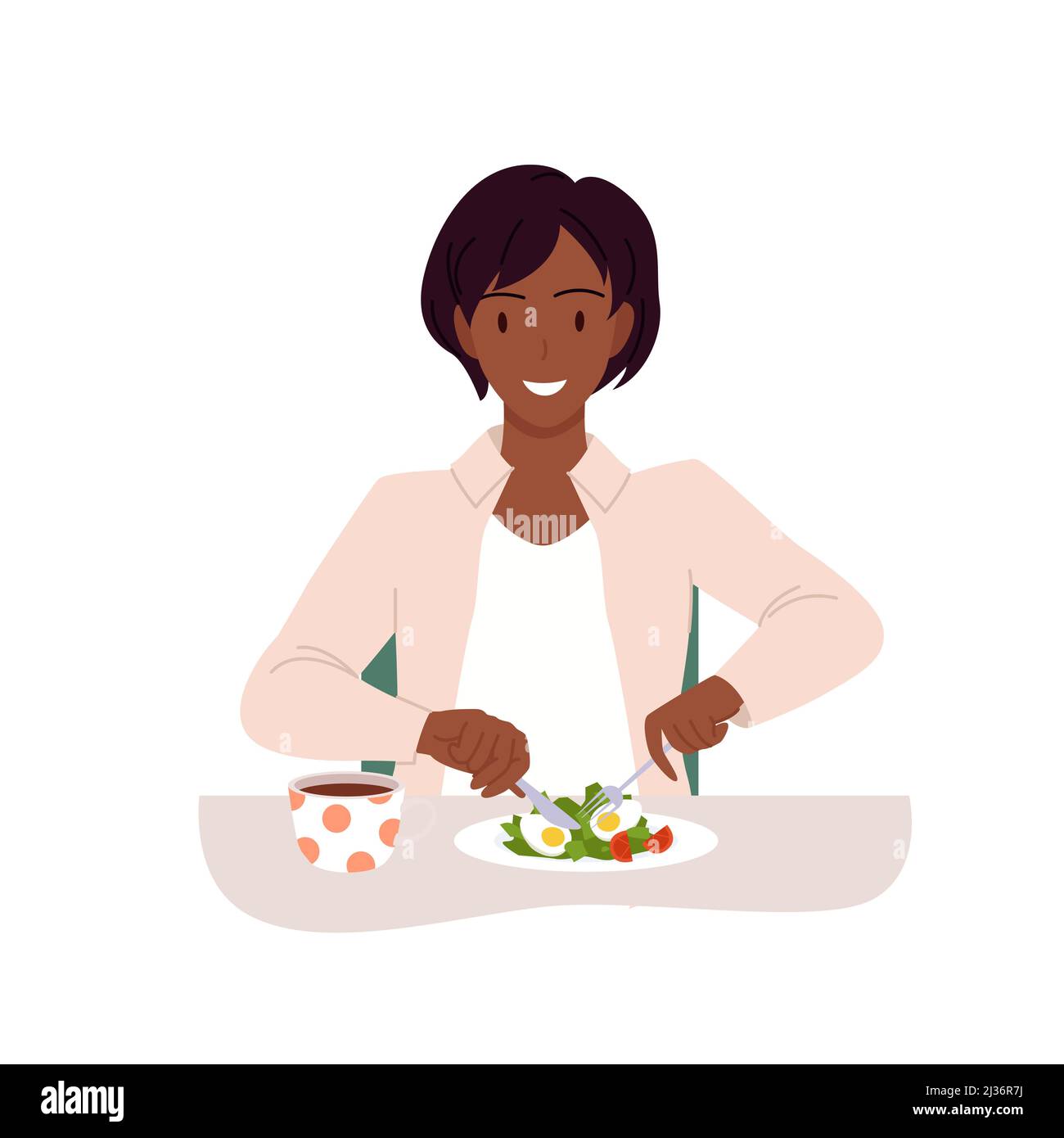 Smiling young lady eating salad and drinking coffee Stock Vector Image
