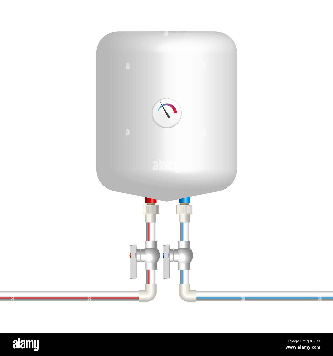 Plastic pipes for hot and cold water with a boiler and valves. Front