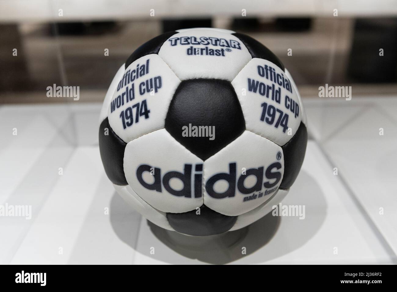 London, UK. 6 April 2022. "adidas Telstar football", 1974. Preview of  'Football: Designing the Beautiful Game', a new exhibition at the Design  Museum which celebrates how design has influenced the world's most