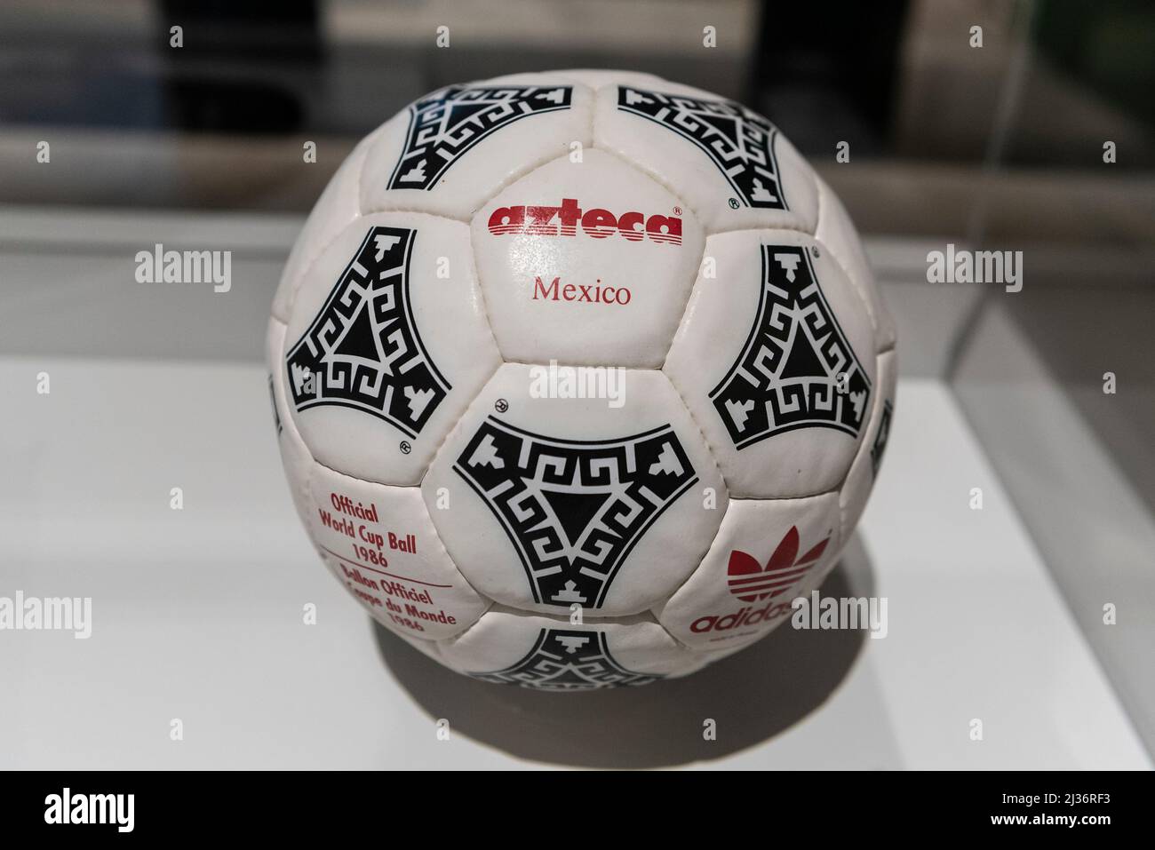 London, UK. 6 April 2022. "adidas Azteca football", 1986. Preview of  'Football: Designing the Beautiful Game', a new exhibition at the Design  Museum which celebrates how design has influenced the world's most