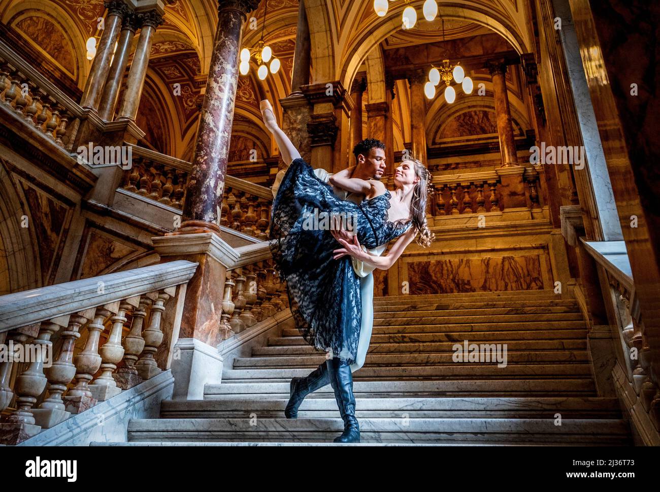 Principal dancer Jerome Anthony Barnes as Rudolf and soloist Claire Souet as mistress Mary Vetsera, during a photocall ahead of Scottish Ballet's world premiere of The Scandal at Mayerling, in the City Chambers, Glasgow. Picture date: Wednesday April 6, 2022. Stock Photo