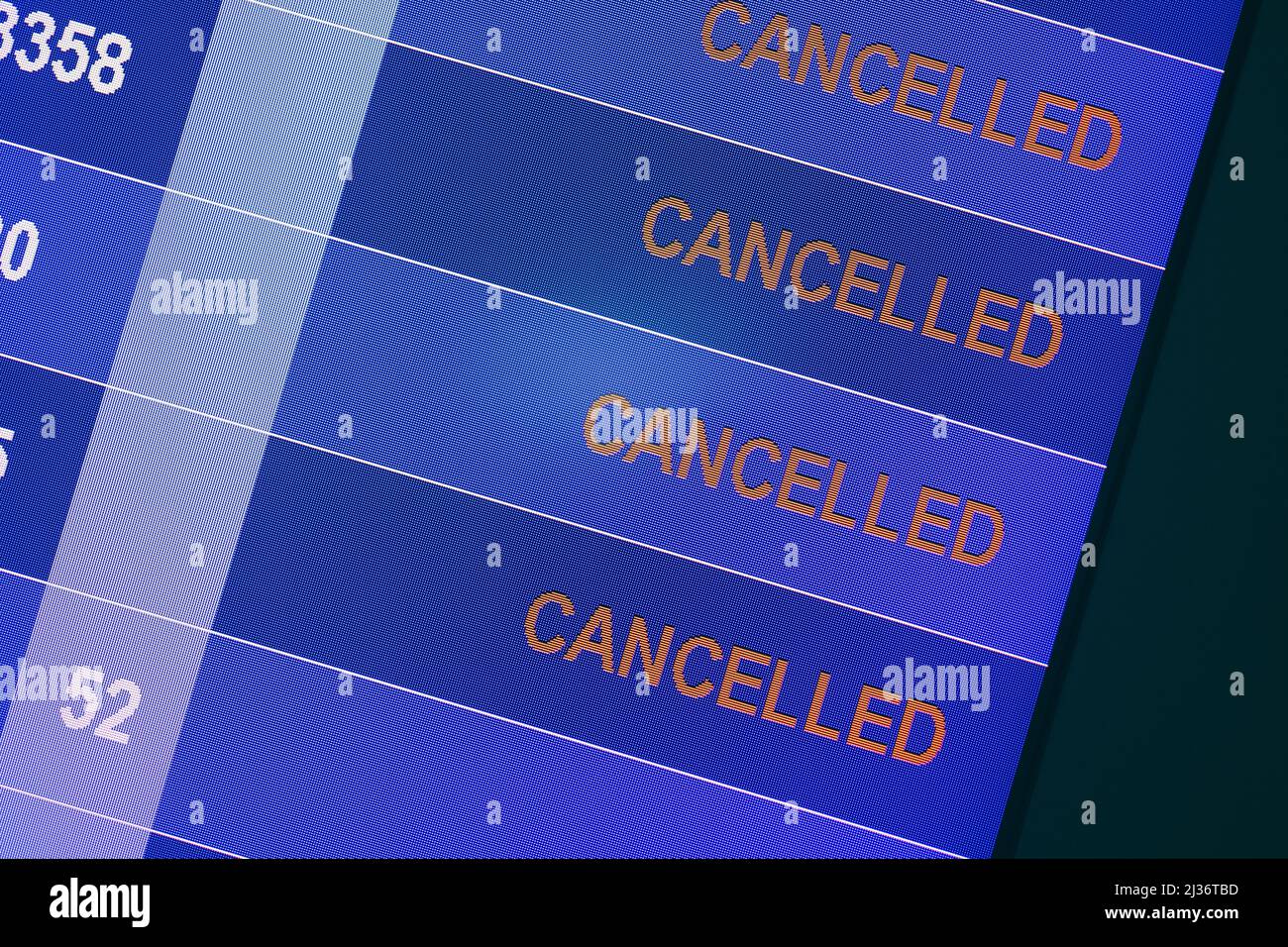 Airpot flight boarding schedule show cancel stop flying travel problem display. Stock Photo