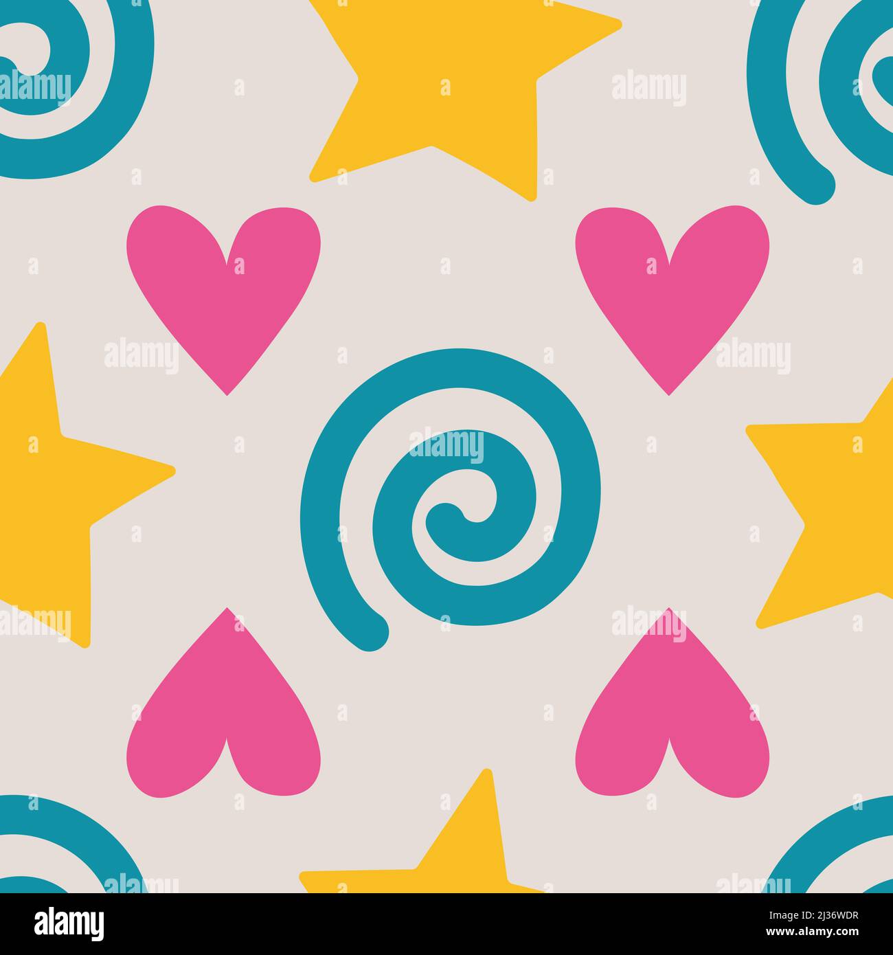Simple pattern with hearts, stars and spirals on light background. Stock Vector