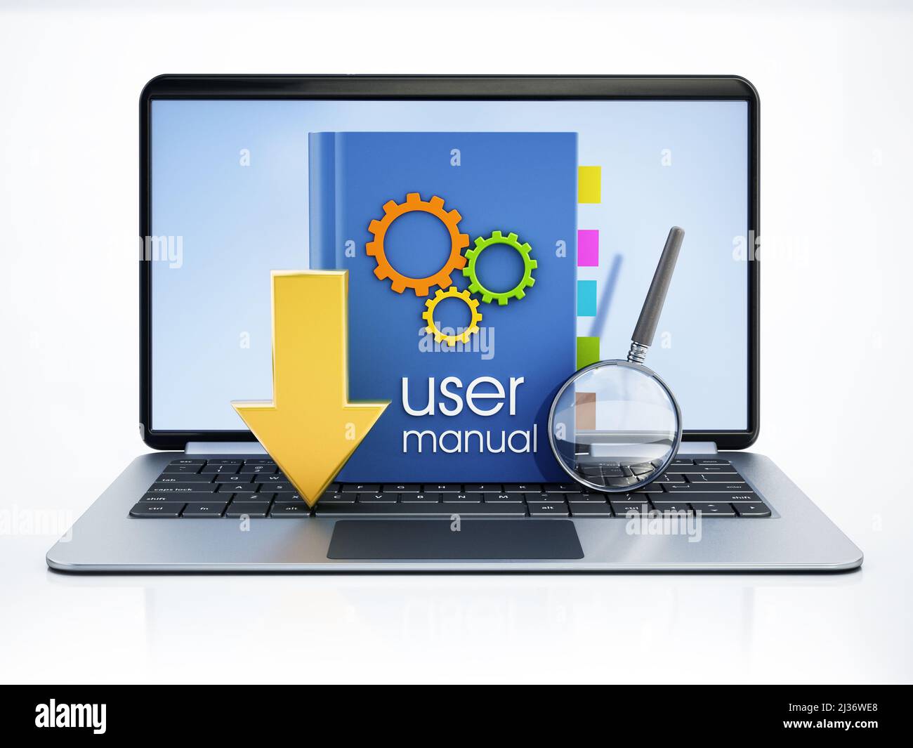User manual, download icon and magnifying glass isolated on white background. 3D illustration. Stock Photo