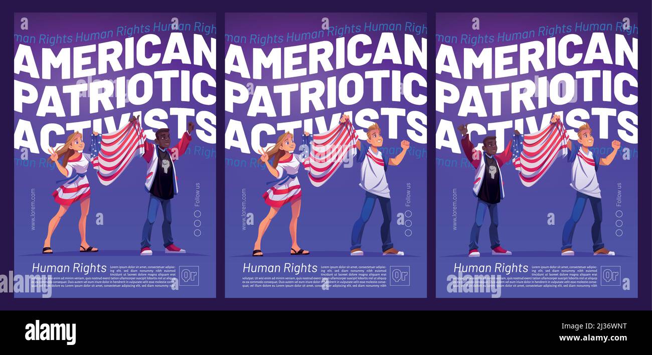 American patriotic activists poster with people holding USA flag. Vector flyers with cartoon illustration of woman and african american man on demonst Stock Vector