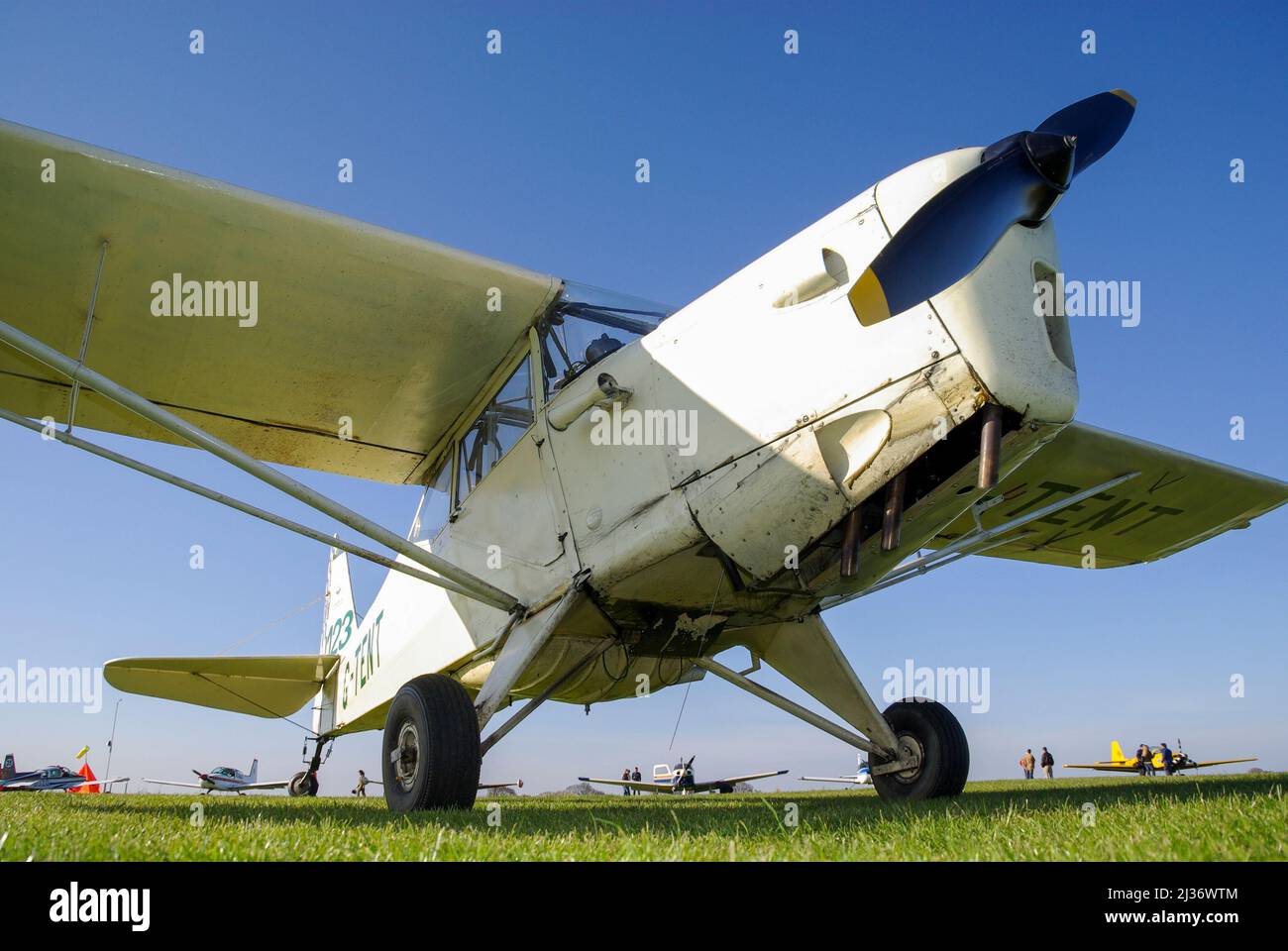Auster J-1N Alpha vintage light aircraft plane G-TENT after winning the RAeC air race at Great Oakley, UK. Classic airplane with oil stains. Planes Stock Photo