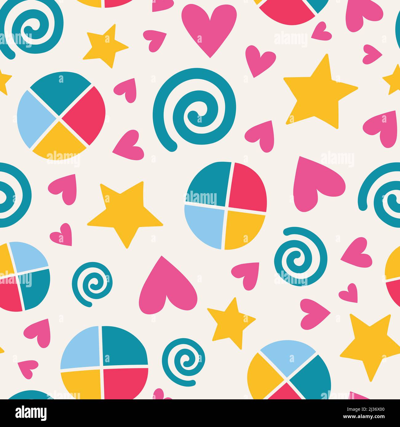Colorful simple pattern with hearts, stars, spirals on light background ...