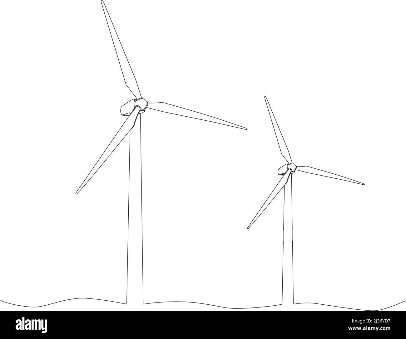 single line drawing of wind turbines isolated on white background, continuous line hand-drawn vector illustration Stock Vector