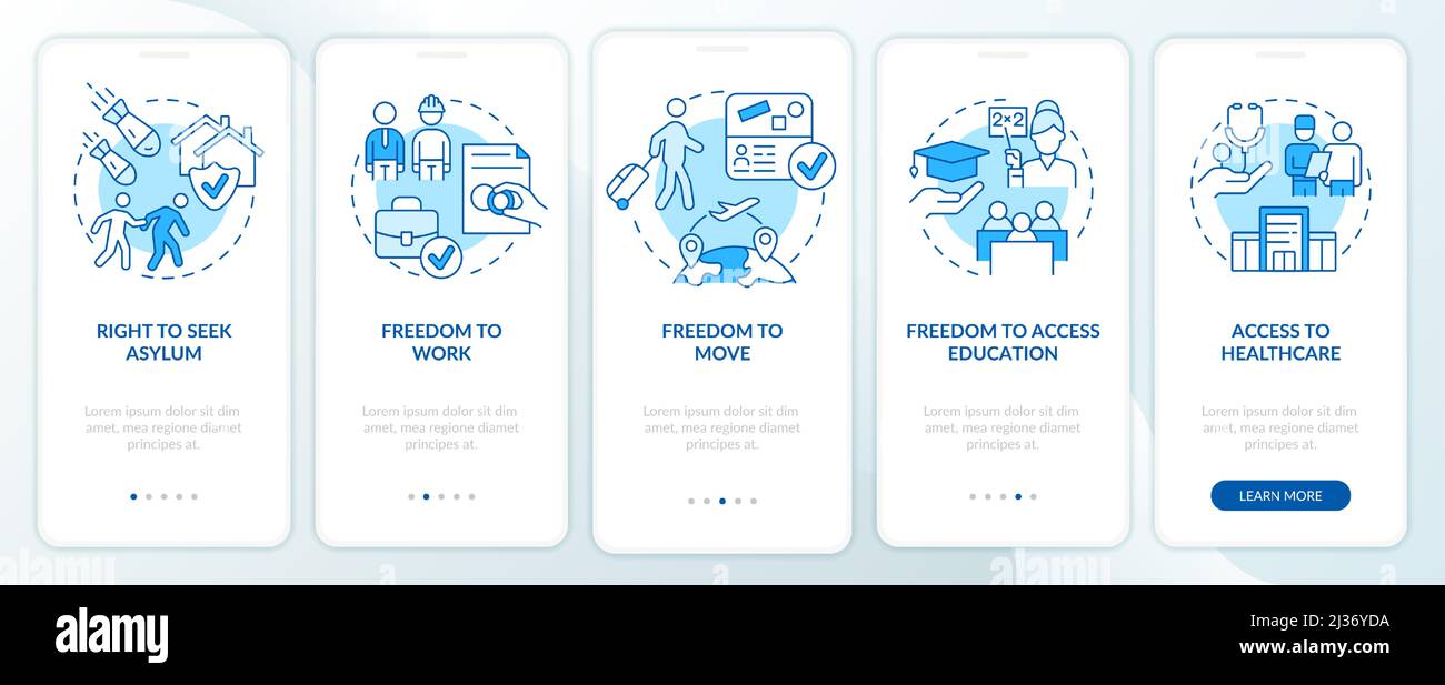 Refugee rights blue onboarding mobile app screen Stock Vector