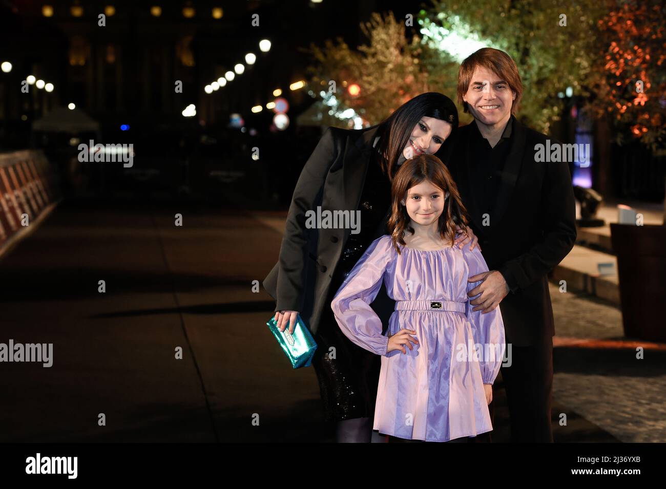 Italian singer Laura Pausini, in Tom Ford dress, Italian musician Paolo  Carta and daughter Paola on the red carpet at the premiere Pleased to meet  you at the Conciliazione Auditorium. Rome (Italy),