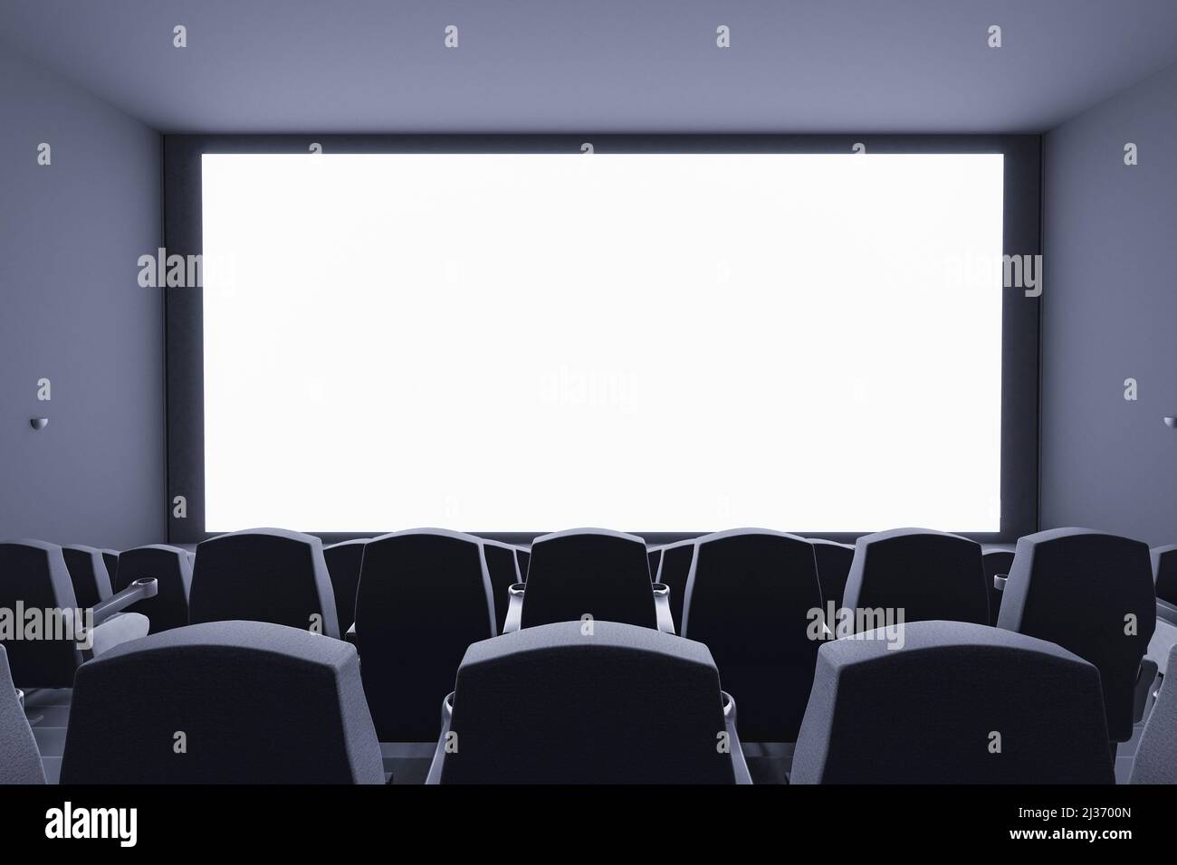 3d illustration of cinema auditorium with rows of empty seats and white screen for premiere poster Stock Photo