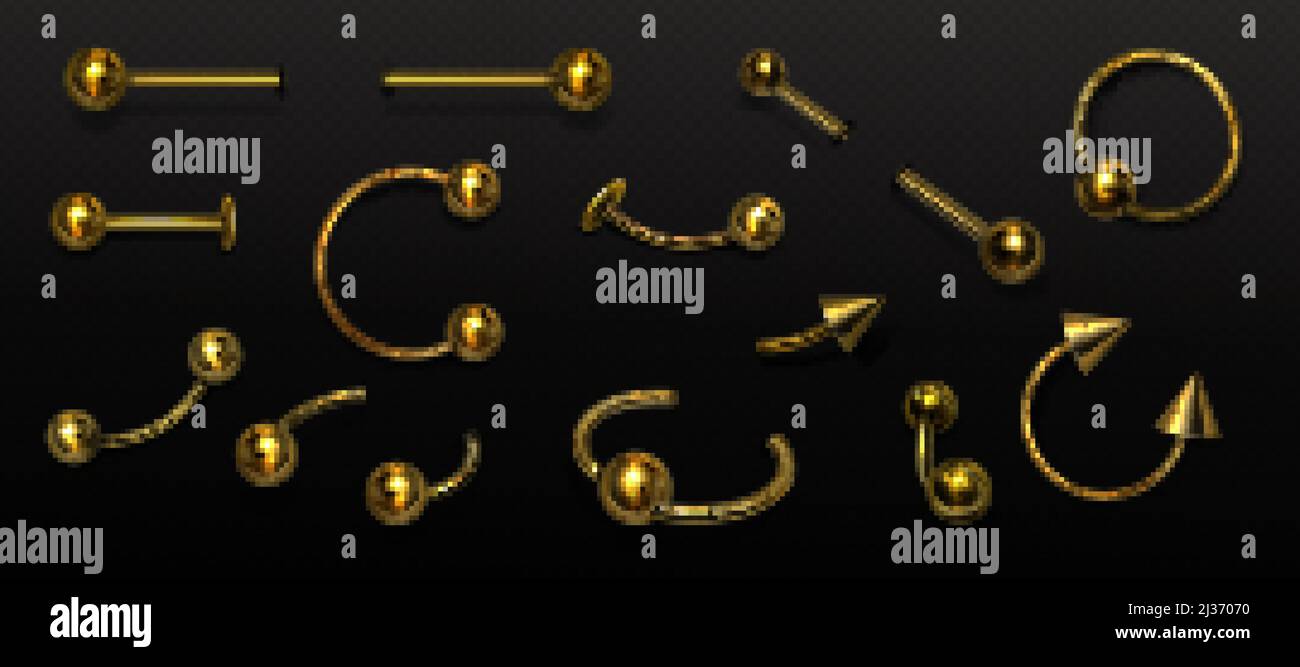 Set of gold piercing jewelry, metal pierce rings, barbell with balls