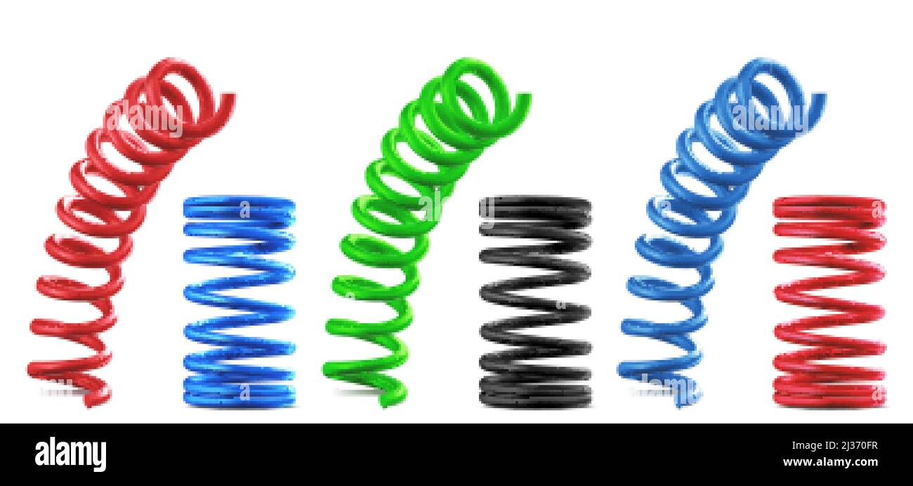 Metal springs, realistic colorful coils isolated set. Flexible spiral parts, bouncing and compressed red, blue, green and black industrial or mechanic Stock Vector